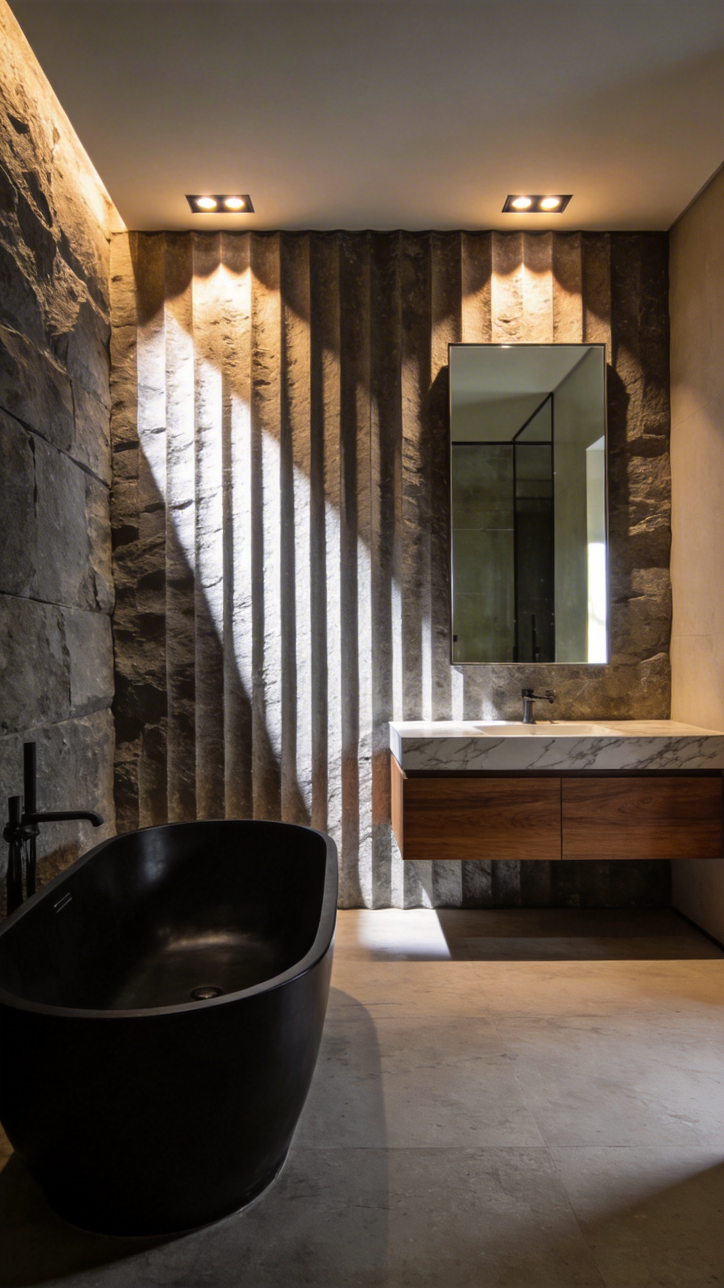 High-end bathroom design featuring grazing illumination on a fluted stone wall to emphasize texture and depth.