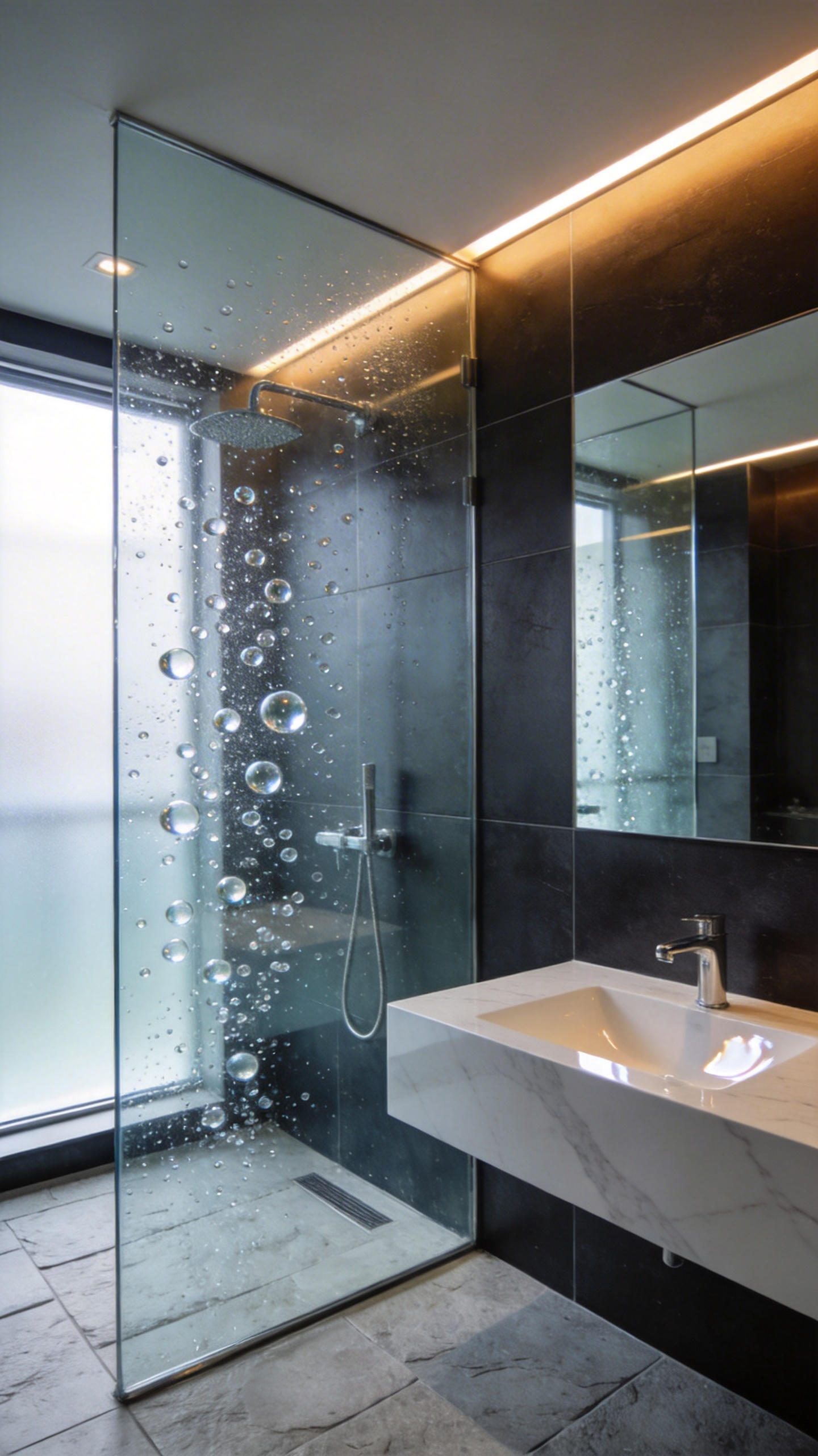A modern luxury bathroom featuring a nano-ceramic glass shower screen with water beading into spheres next to matte porcelain tiles.