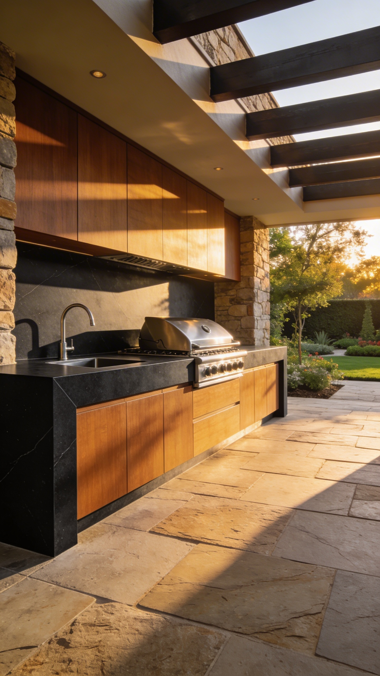 A luxury outdoor kitchen design featuring sleek grey sintered stone countertops and wood cabinetry on a modern stone patio during sunset.