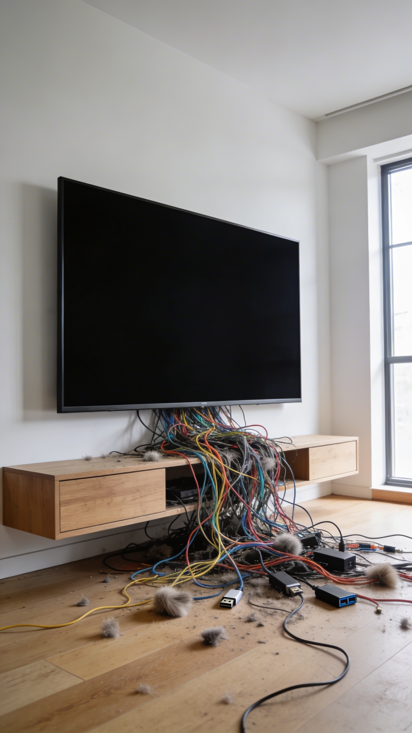 Chaotic tangle of electronic wires spilling out from beneath a clean, modern media console, contrasting sharply with the minimalist living room design.