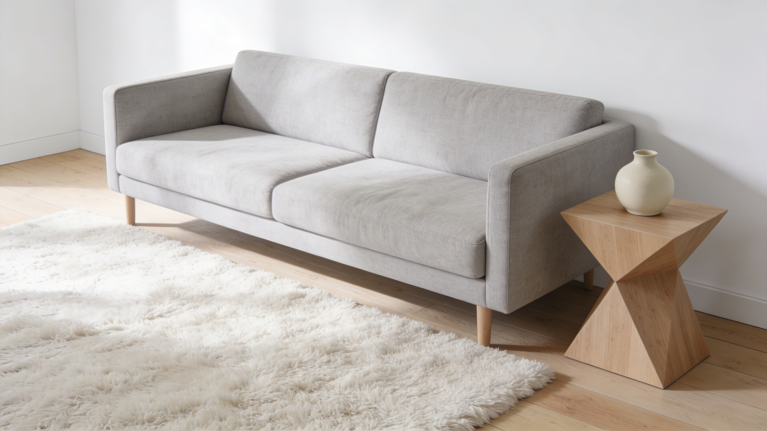 A wide-angle view of a minimalist living room showcasing ample negative space with white walls, a light gray linen sofa, and natural wood flooring, emphasizing organization and visual calmness to reduce cognitive load.