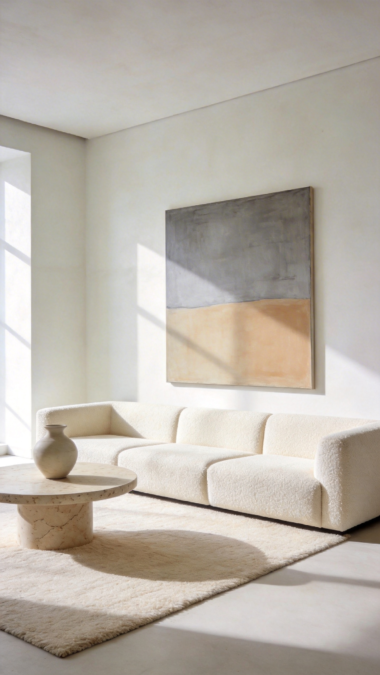A photograph showing a visually simplified, minimalist modern living room with a cream sofa and neutral decor, designed to reduce cognitive load by eliminating visual noise.