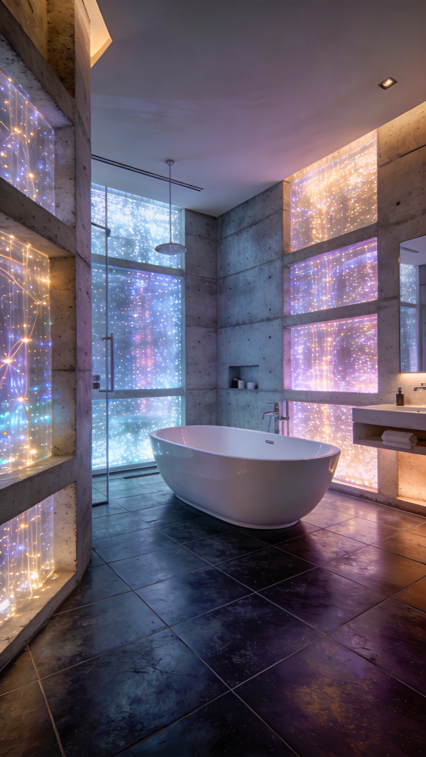 A modern luxury bathroom design with glowing translucent concrete walls and a freestanding soaking tub.