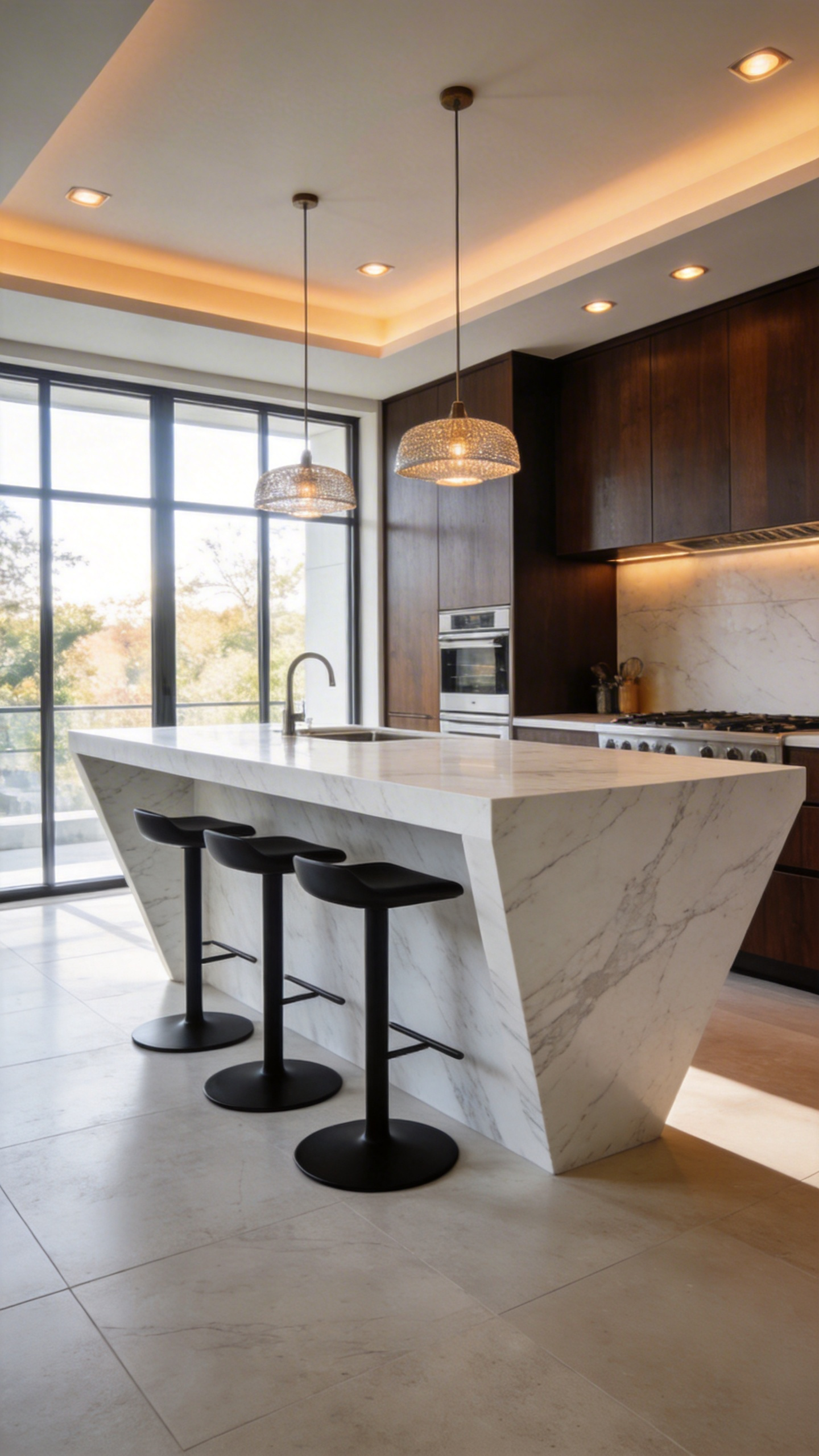 A luxury kitchen featuring a large marble island with a significant countertop overhang and four contemporary bar stools.
