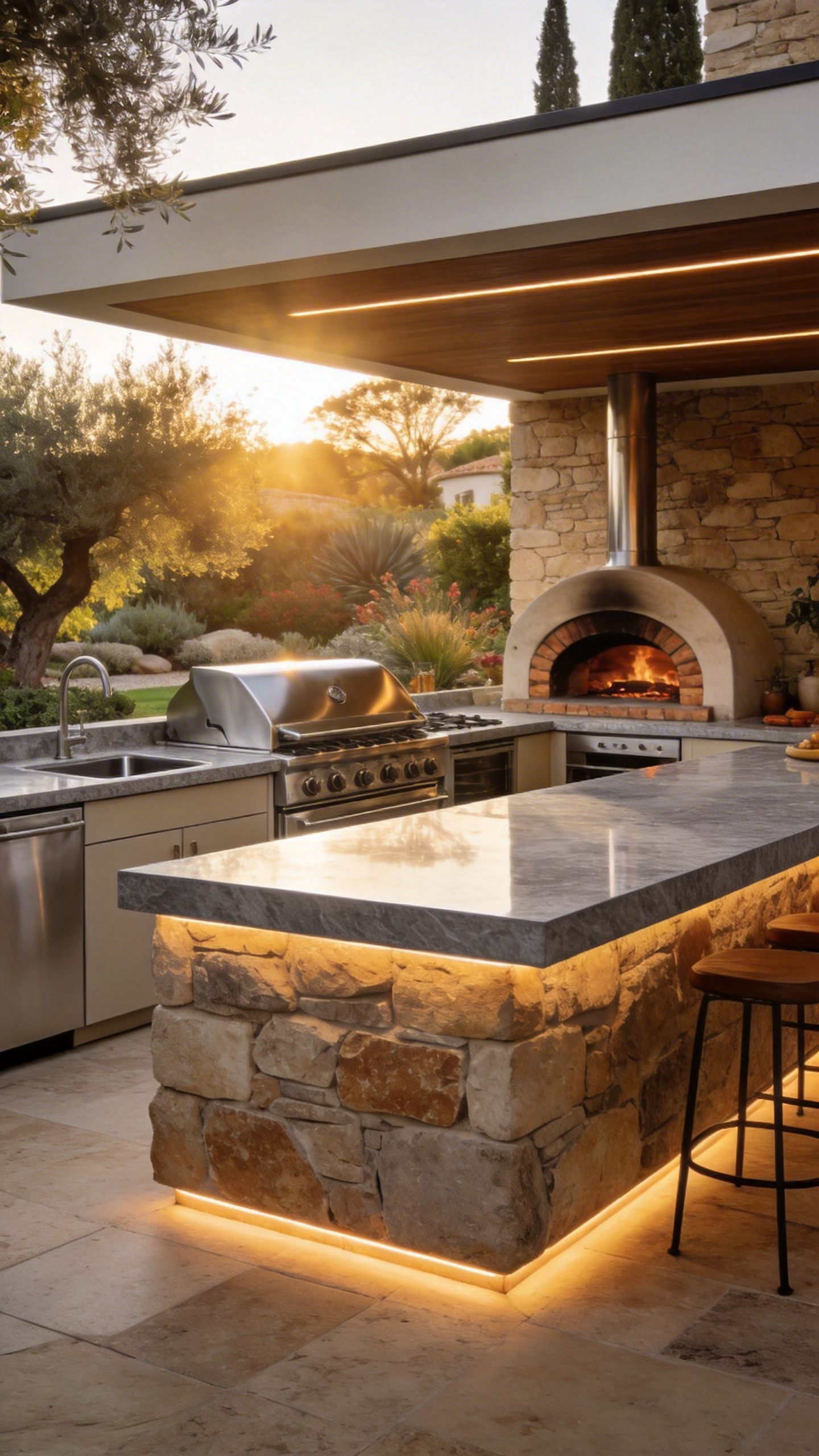 A modern outdoor kitchen design featuring a raised stone peninsula and professional cooking zones set in a lush backyard during sunset.