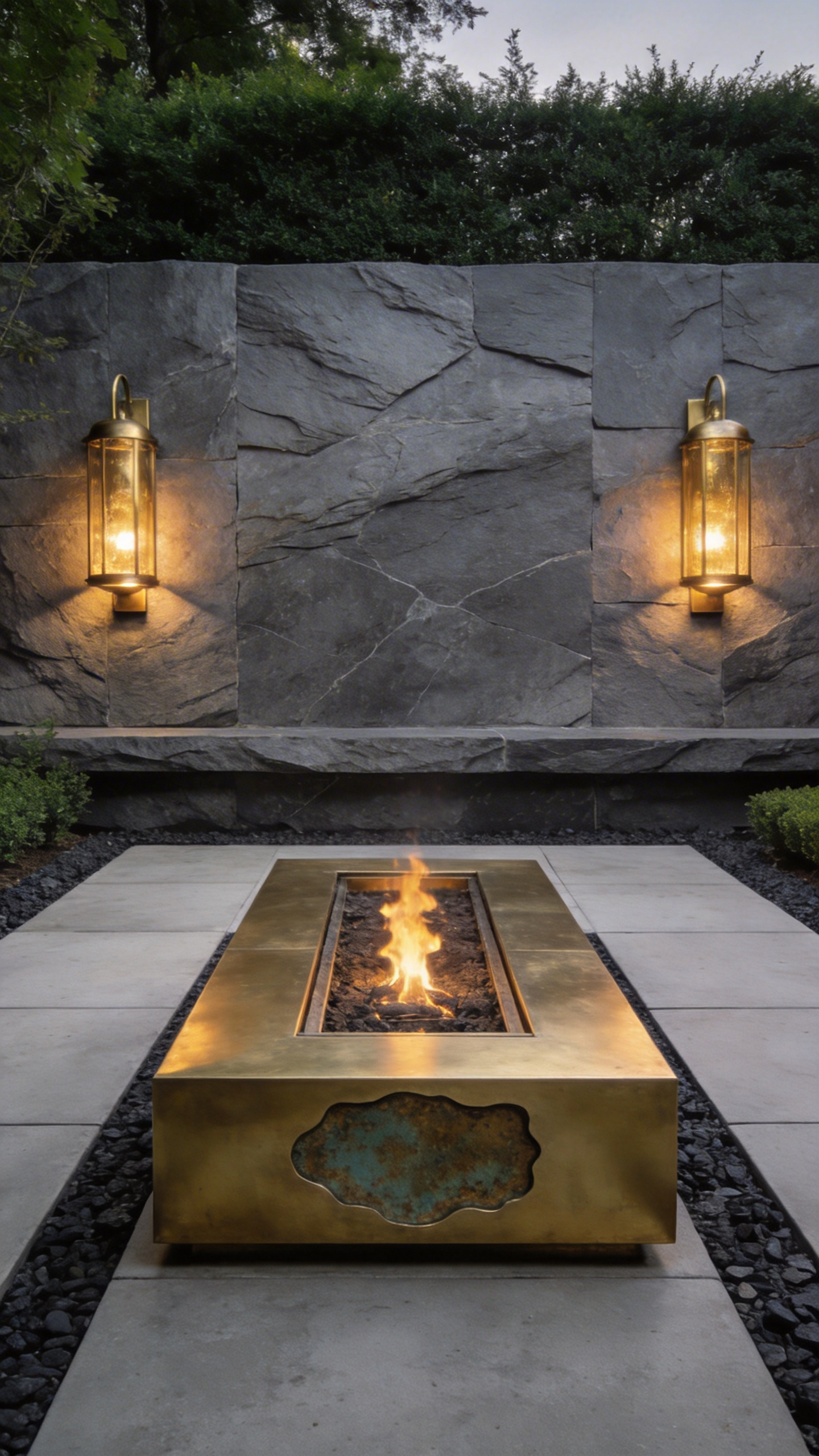 A modern patio with grey concrete and slate materials featuring warm living brass light fixtures and a central brass fire pit.