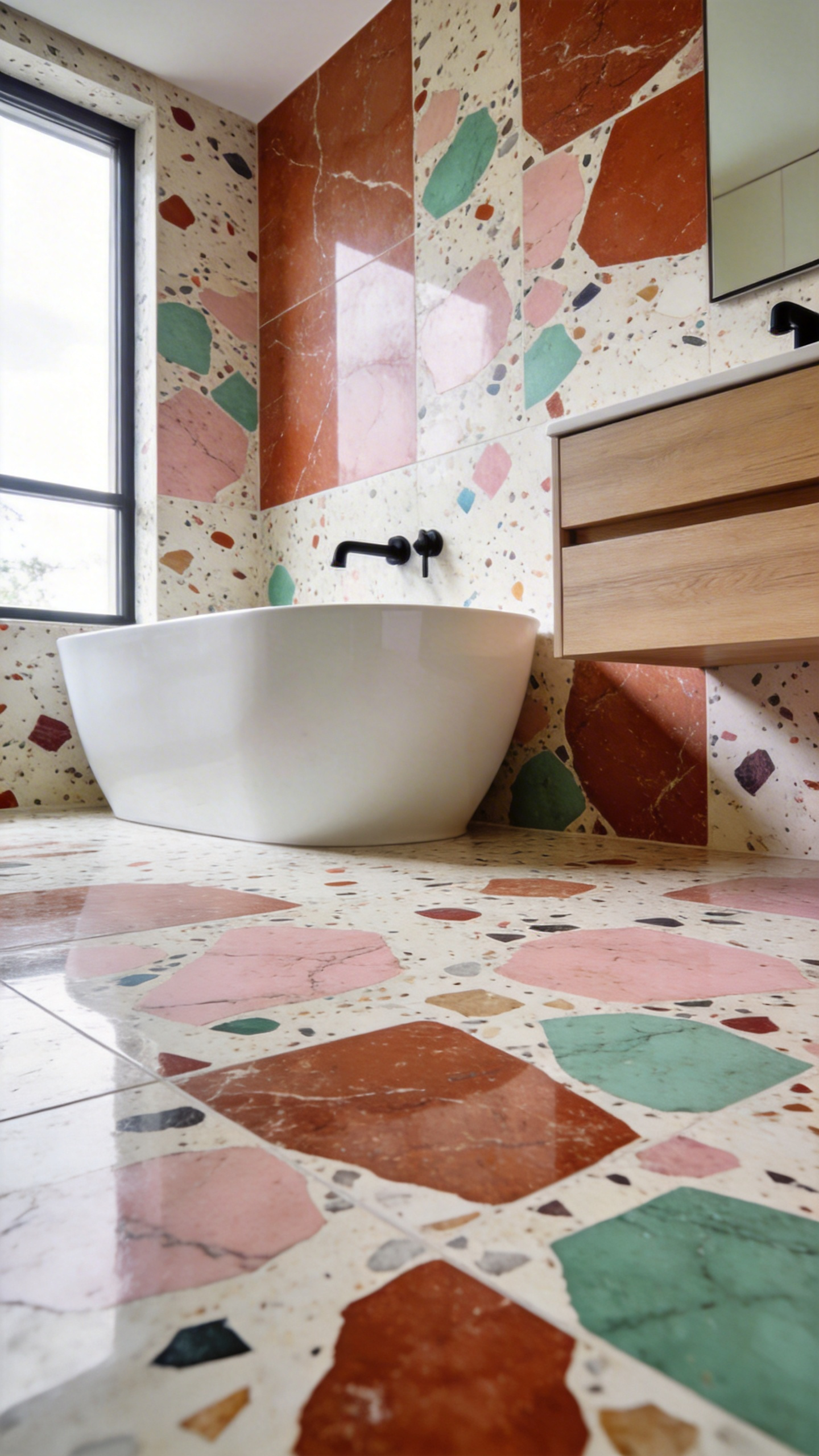 A bright modern bathroom featuring large-scale macro-terrazzo tiles with oversized colorful stone aggregates on the walls and a minimalist white bathtub.