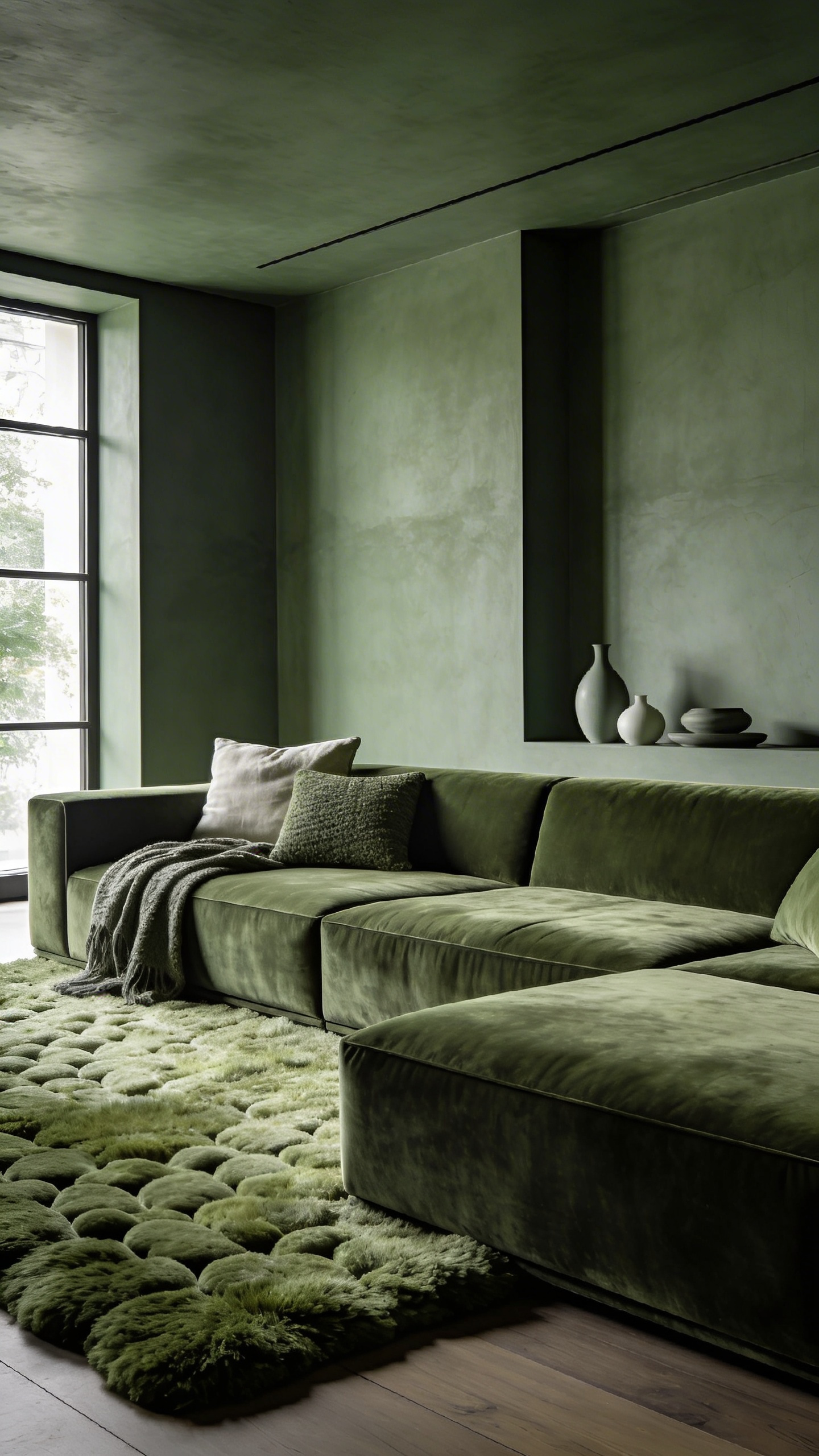 A serene, minimalist living room featuring a monochromatic design strategy using various tints, tones, and shades of sage and olive green to achieve systematic visual order.