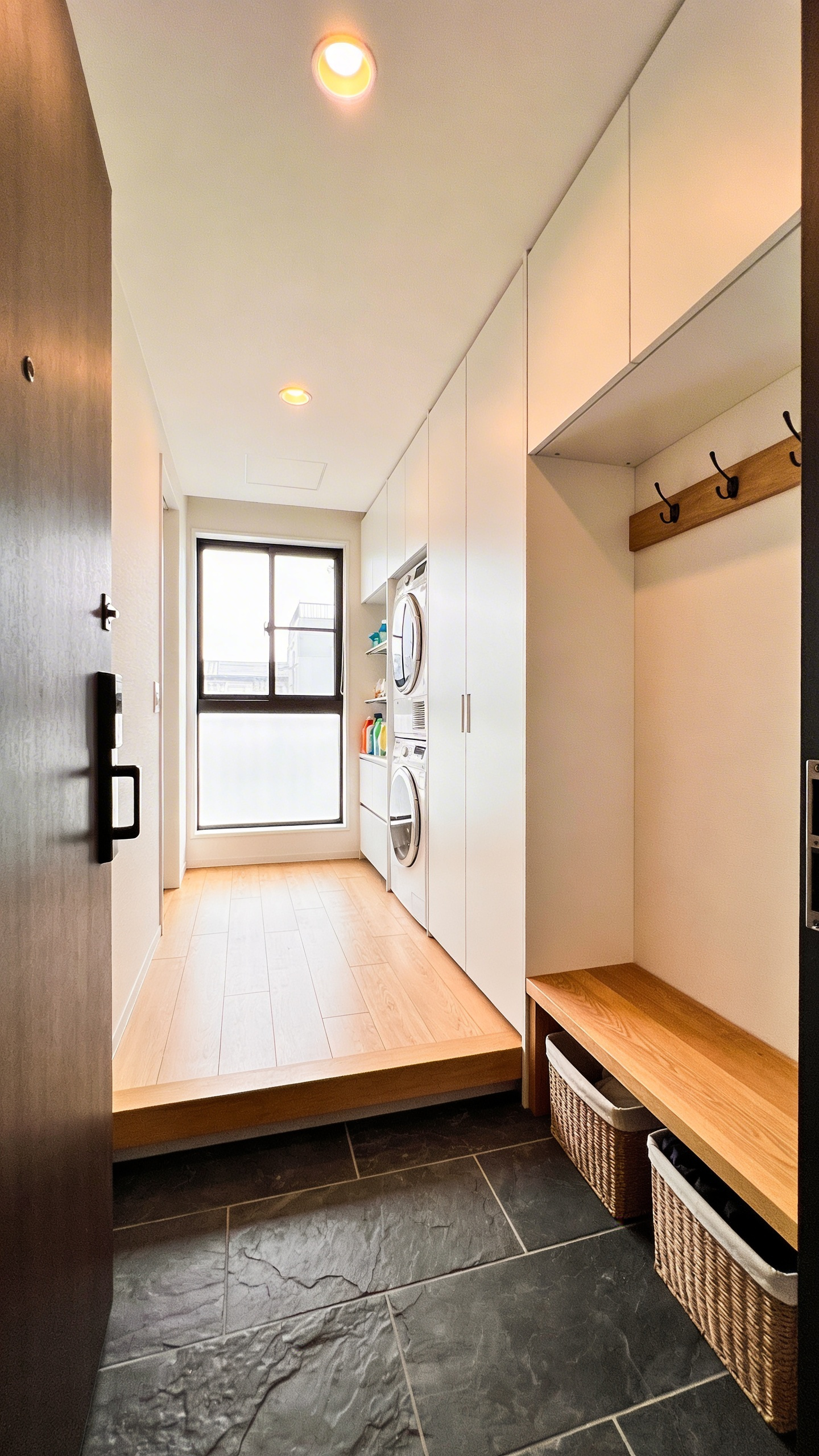 A modern mudroom laundry hybrid featuring a stone-tiled entry floor transitioning to a raised wooden floor with white storage cabinets and a bench.