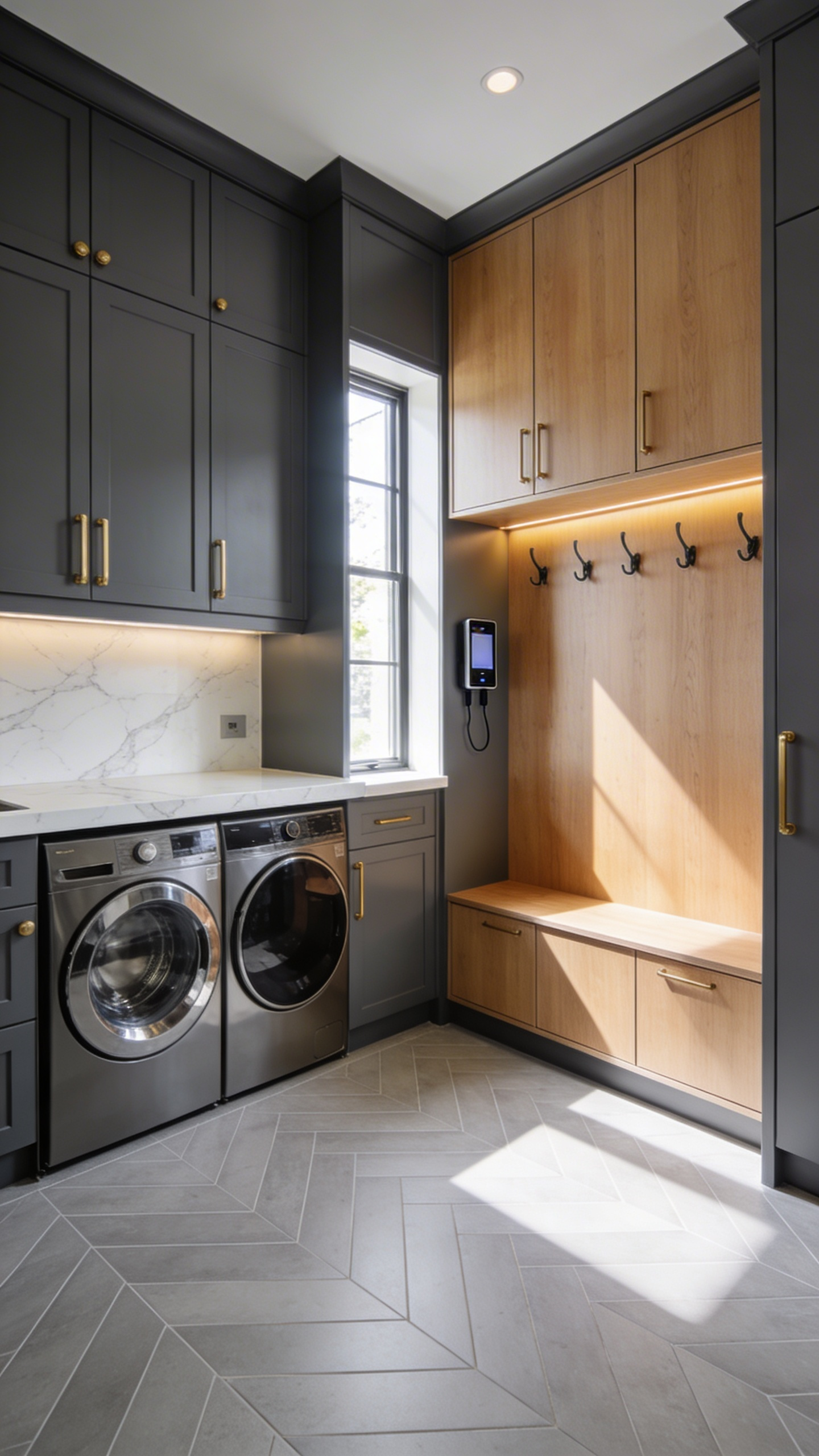 A modern luxury laundry room and mudroom hybrid featuring custom gray cabinetry, integrated wooden lockers, and an organized storage system.