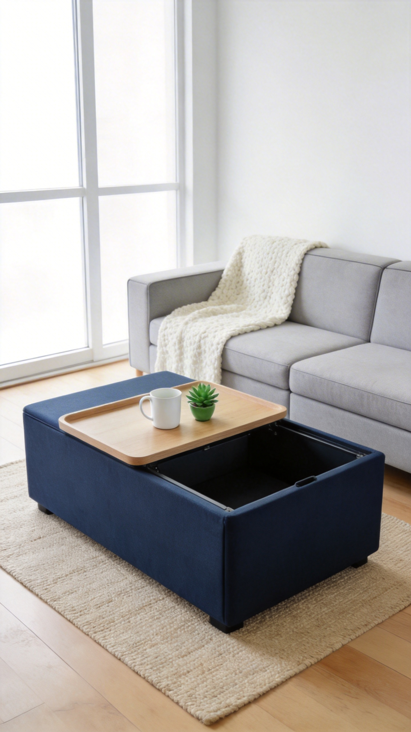 A minimalist, compact living room featuring a large navy blue multifunctional storage ottoman with a wooden tray top serving as a coffee table and decluttering solution.