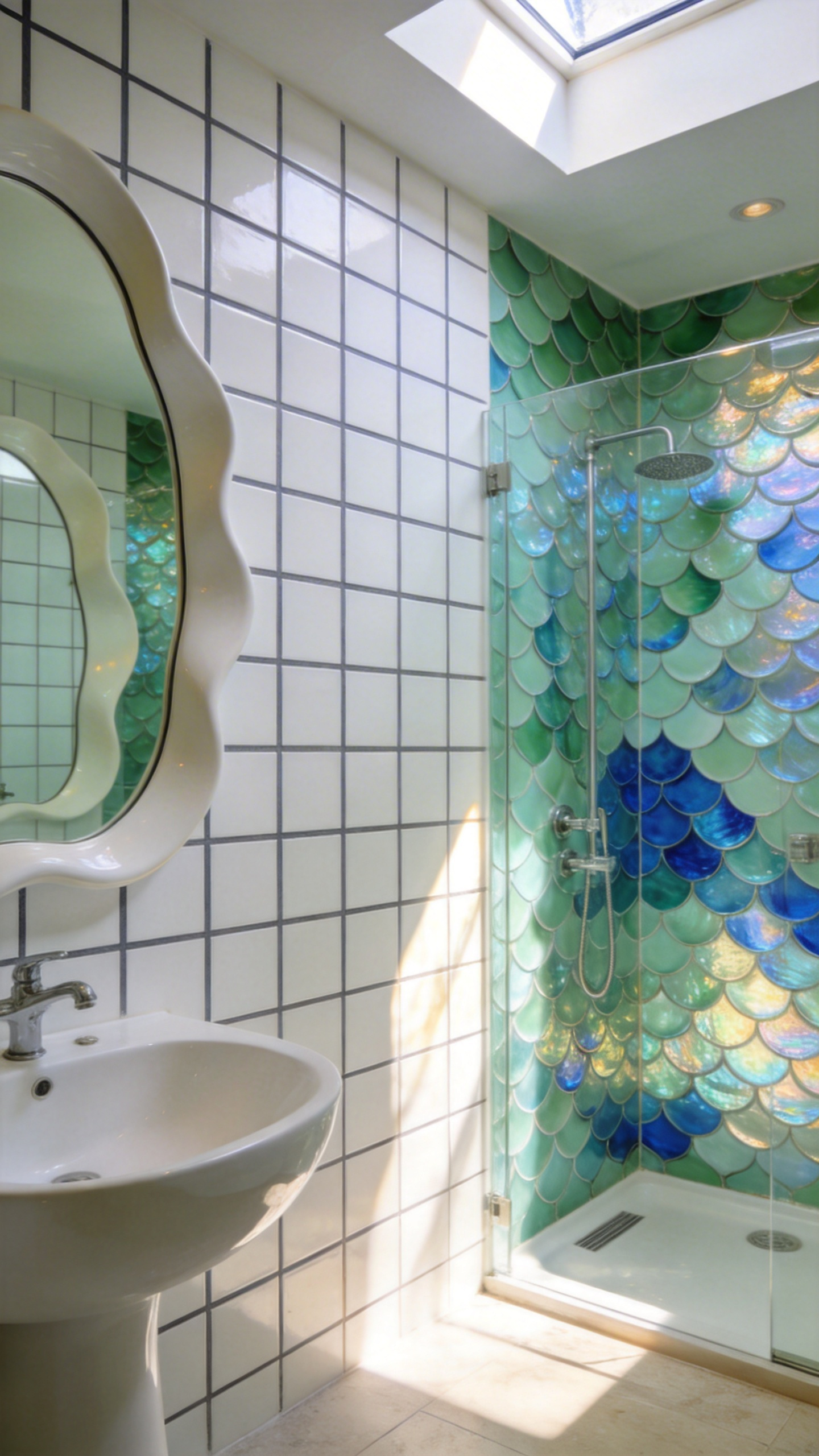A bright bathroom showing a transition from a white square grid tile wall to a shimmering green fish-scale mosaic tile feature.