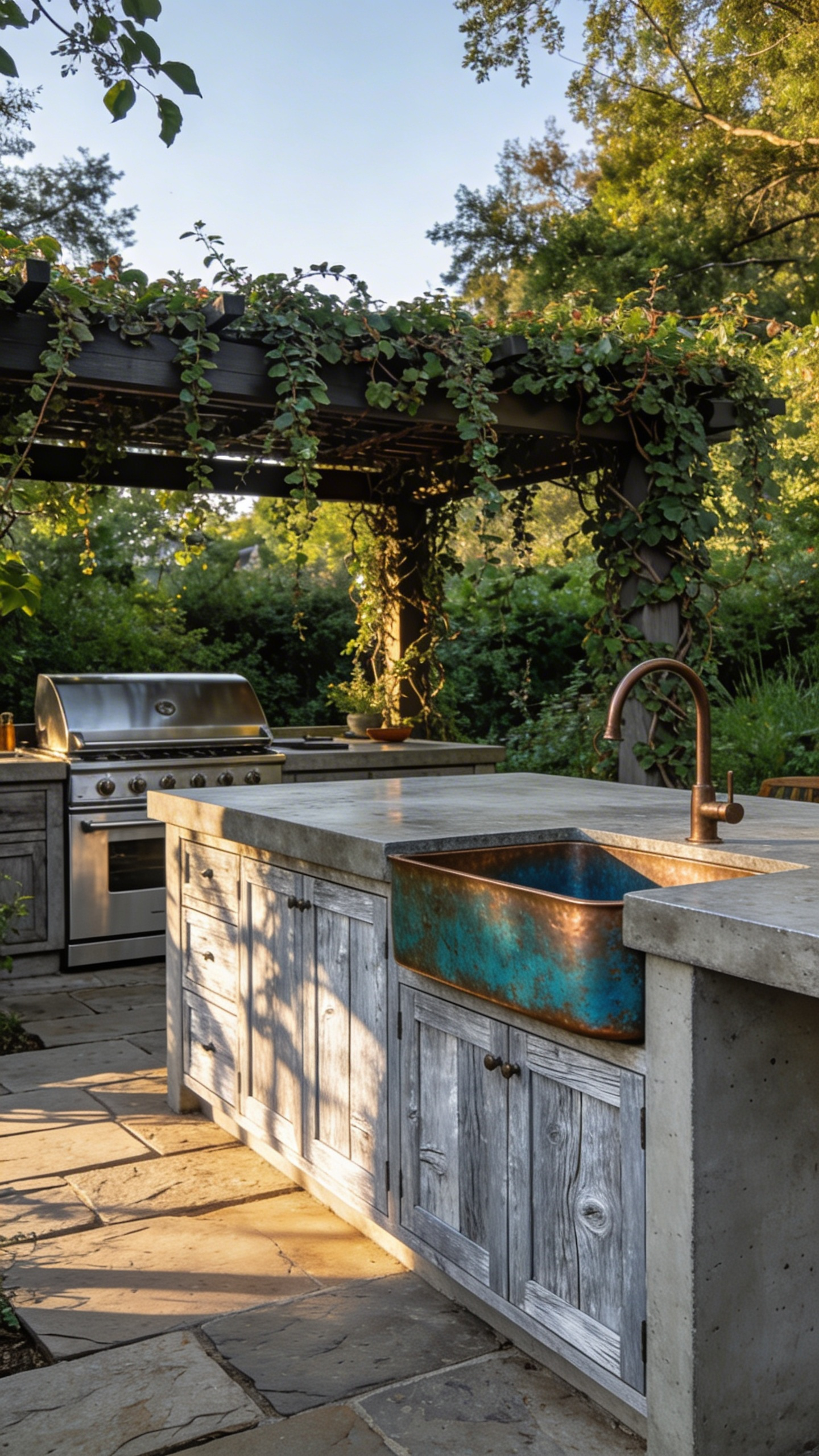 A full-view outdoor kitchen design showcasing silvered reclaimed teak cabinets, raw concrete structures, and copper fixtures with a natural patina.