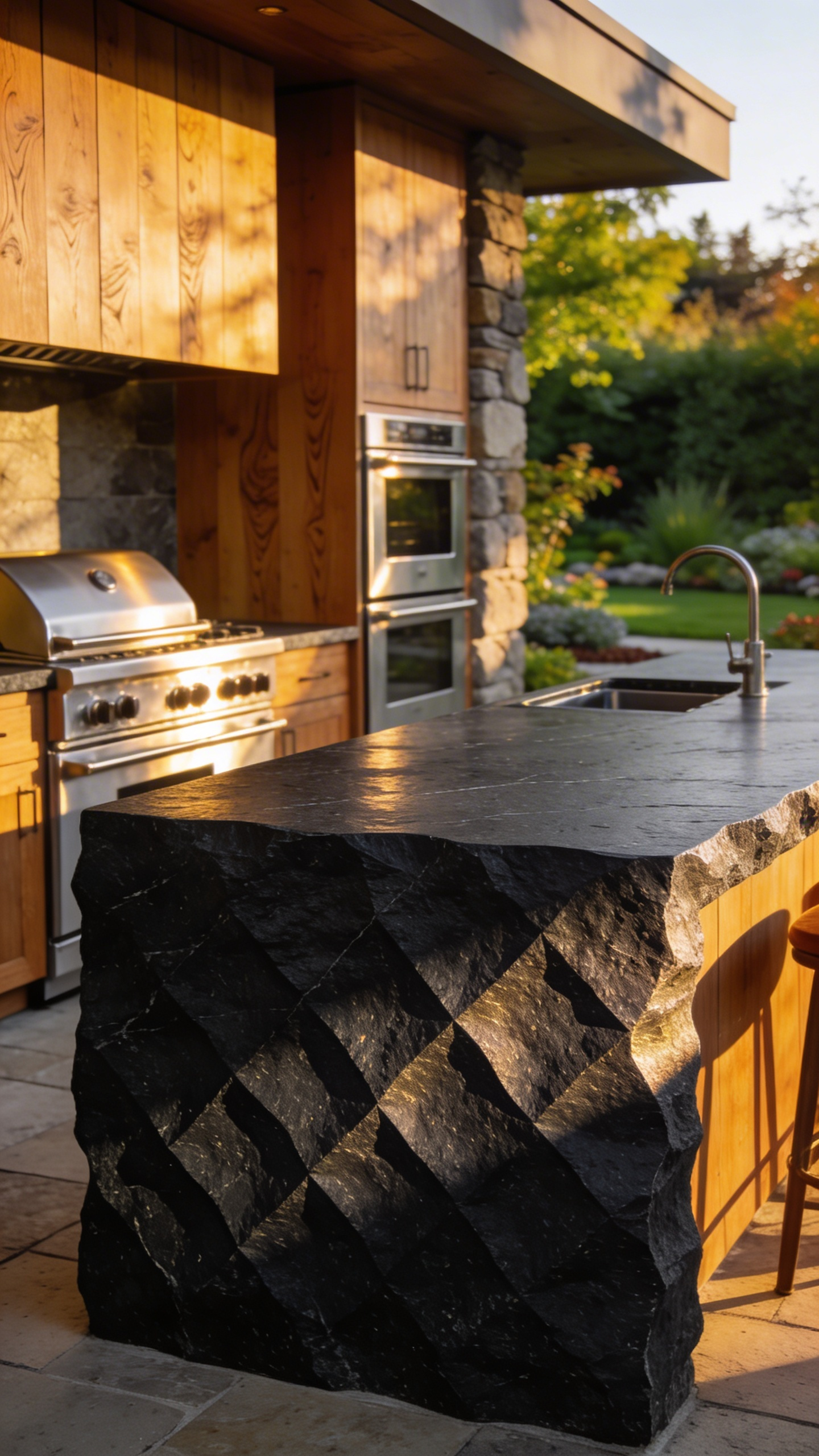 A modern outdoor kitchen island featuring a textured leathered stone countertop and stainless steel appliances in a garden setting.