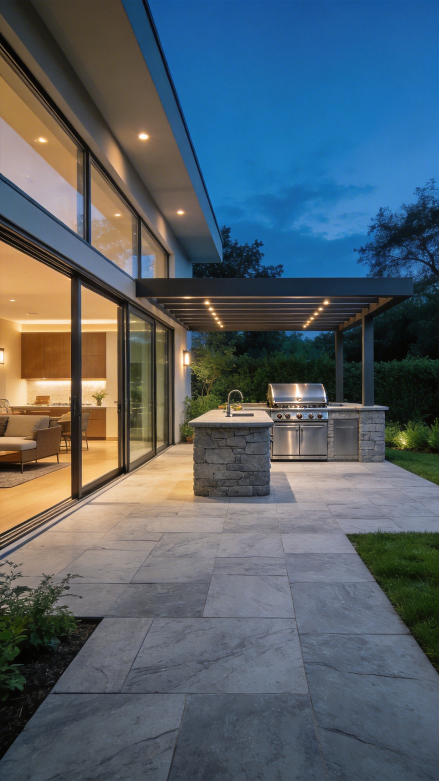 A modern outdoor kitchen design featuring seamless stone flooring that transitions from the indoor living room to a luxurious exterior patio with high-end appliances.