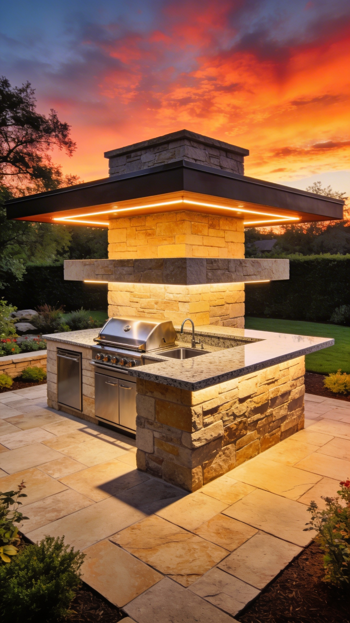 Luxury outdoor kitchen design showcasing a dual-height island with a 36-inch prep area and a 42-inch raised social bar.