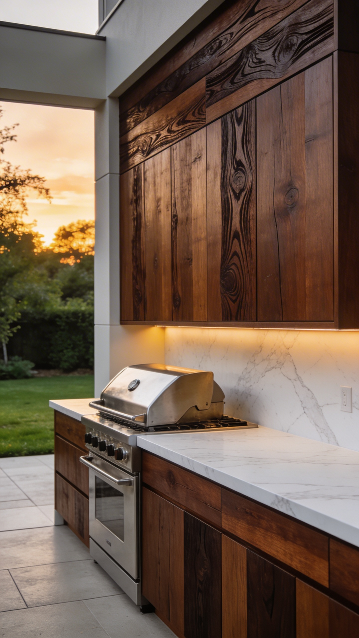 A modern outdoor kitchen design featuring warm thermally modified wood cabinetry and a marble countertop in a backyard setting.