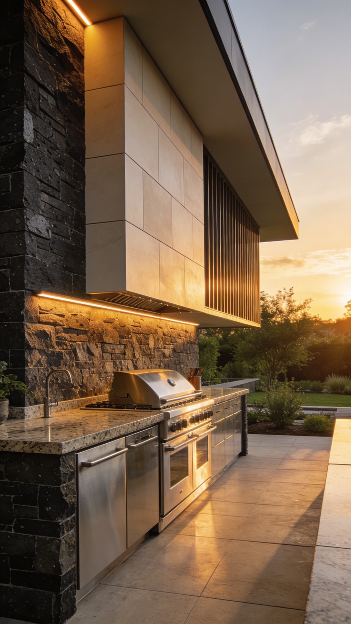 A luxury outdoor kitchen featuring a textured stone feature wall and stainless steel appliances on a modern patio during golden hour.