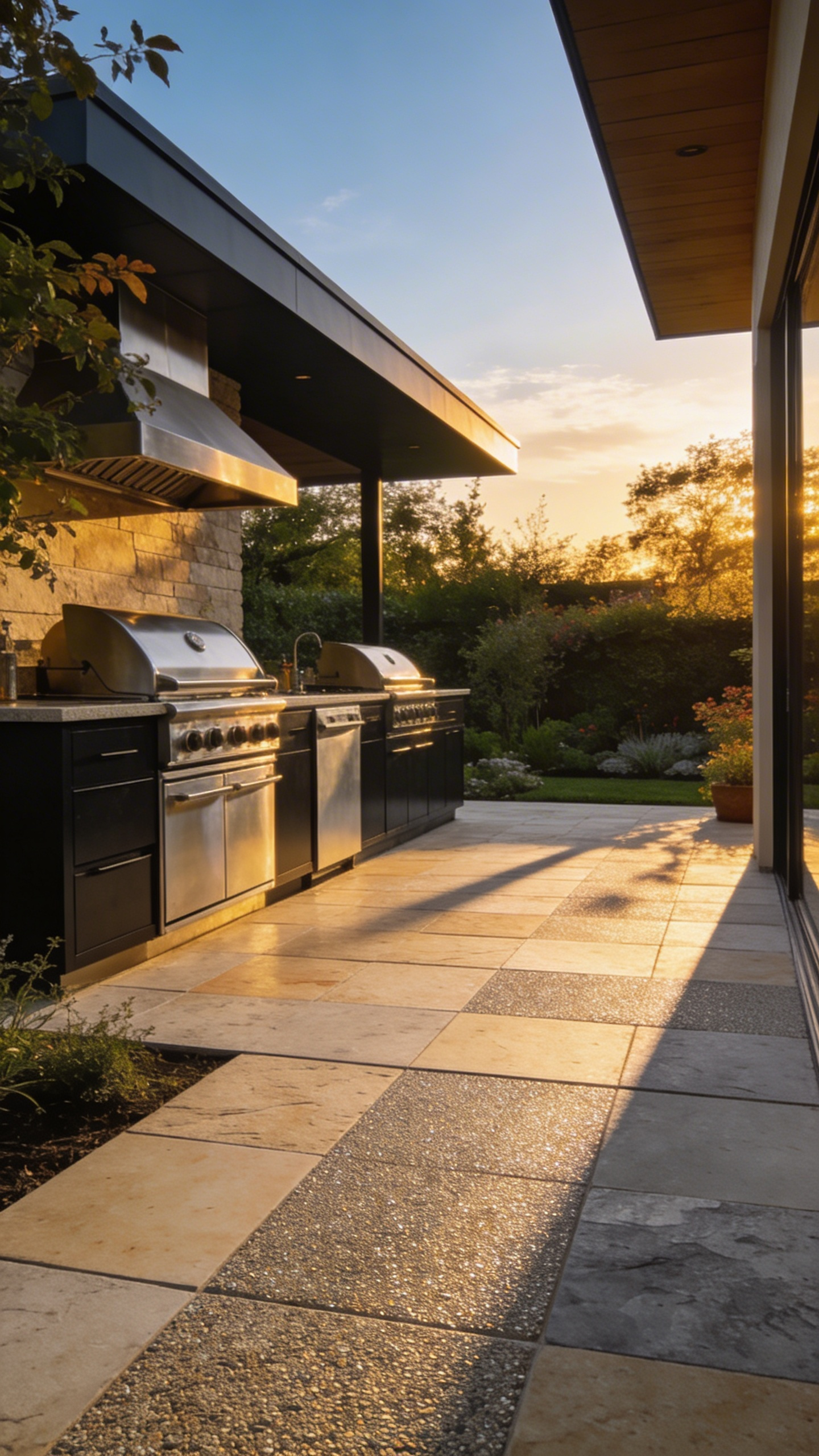 A wide-angle view of a modern outdoor kitchen with textured grey stone paving and premium stainless steel appliances.
