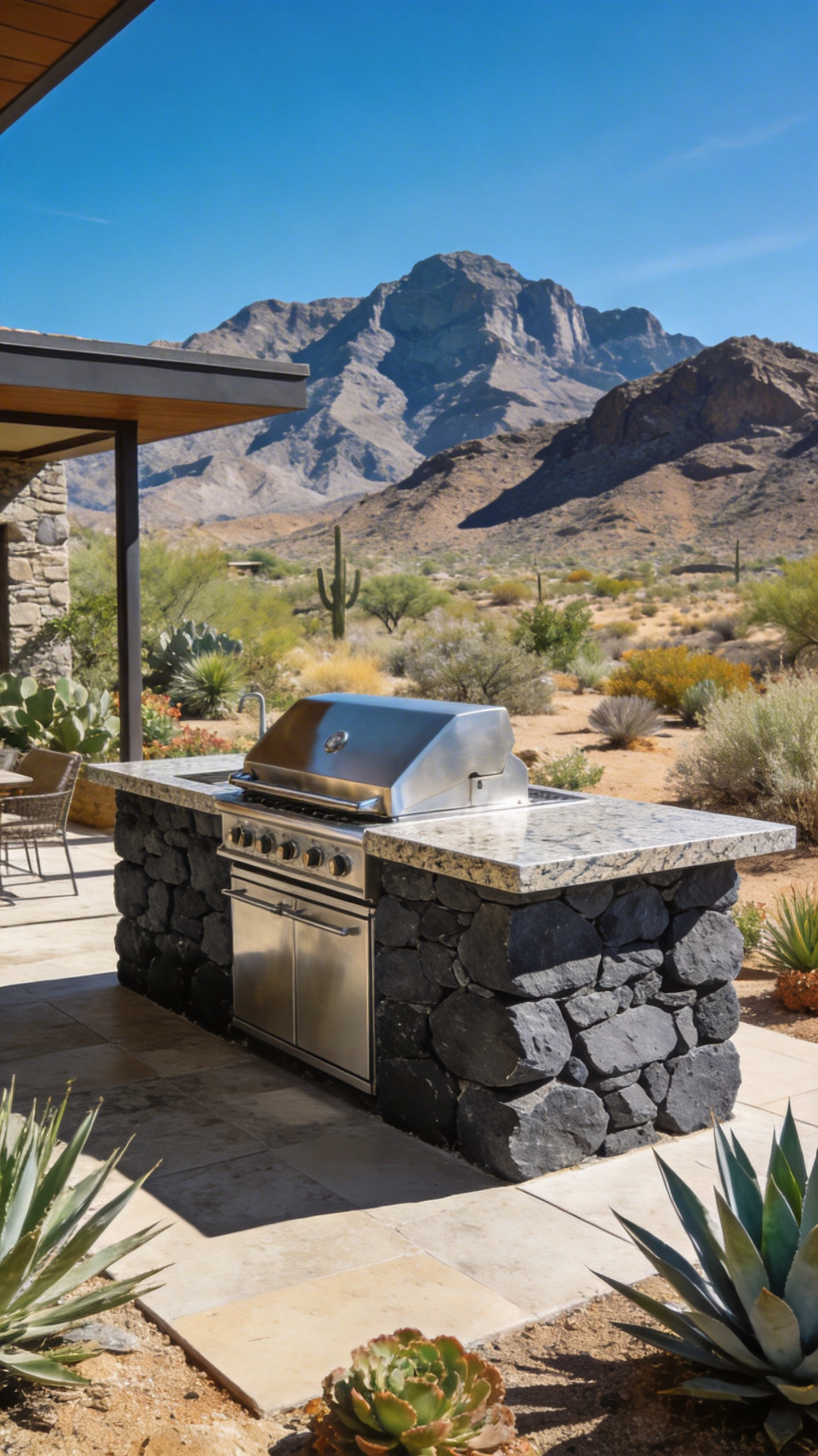 A wide shot of a desert outdoor kitchen with a heavy stone base designed for thermal mass efficiency under a bright sun.