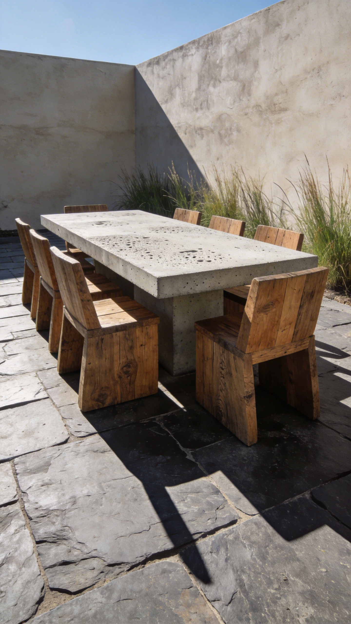 A minimalist patio design featuring a raw concrete table and weathered wood seating to showcase the philosophy of materiality and texture.