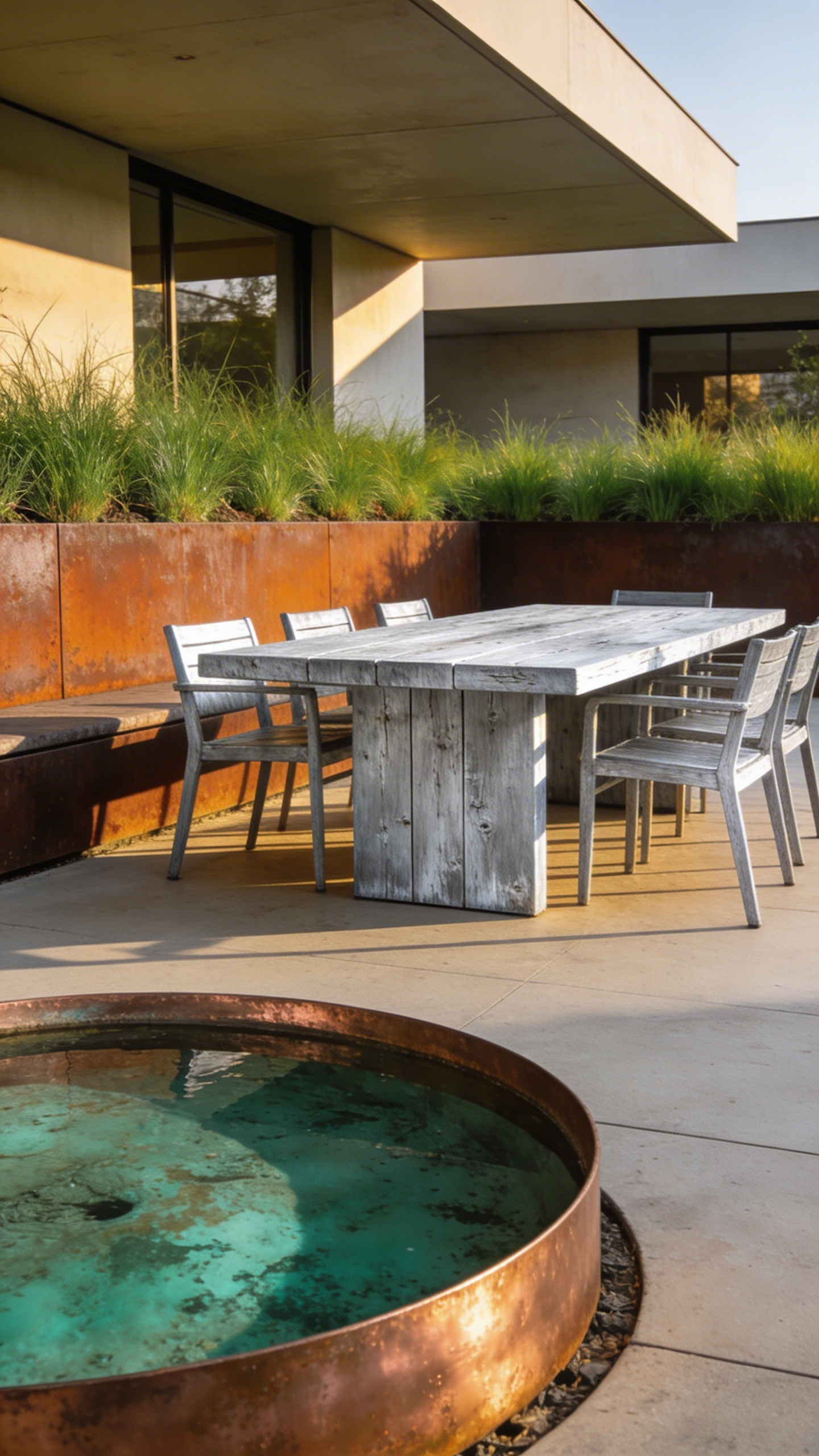 A modern luxury patio featuring weathered teak furniture, an orange-brown Corten steel wall, and a copper fountain with green verdigris patina.