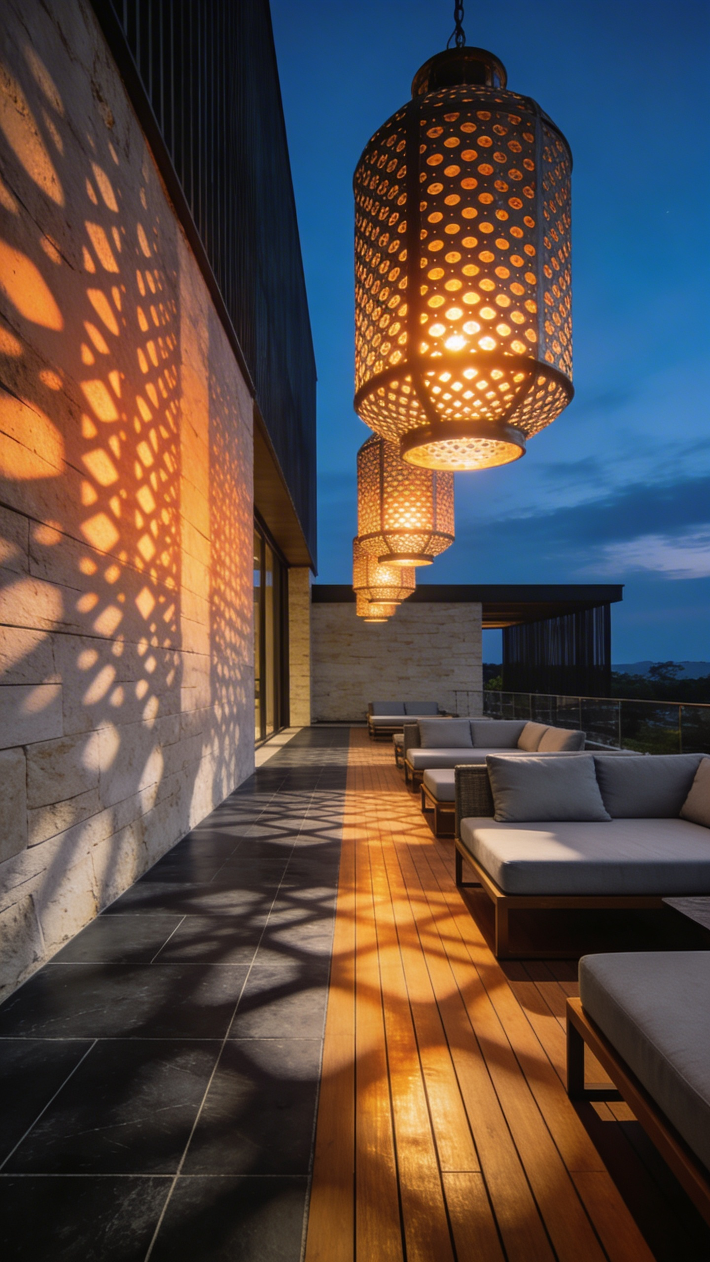 A modern patio at night with large metal lanterns casting intricate geometric shadow patterns on the floor and walls.