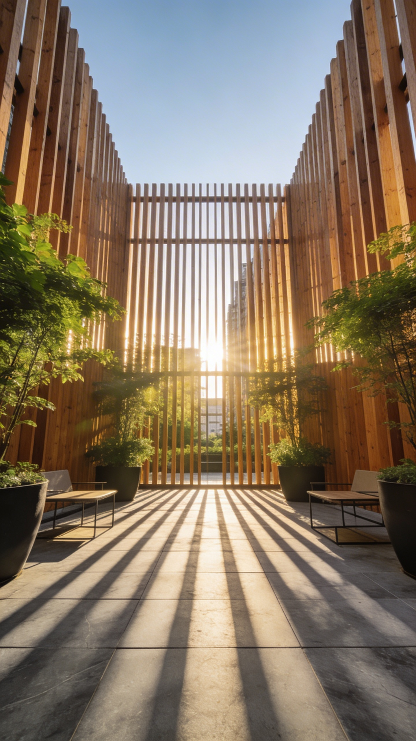 A modern urban patio featuring tall slatted timber privacy screens that filter sunlight and create a sense of vertical rhythm and enclosure.