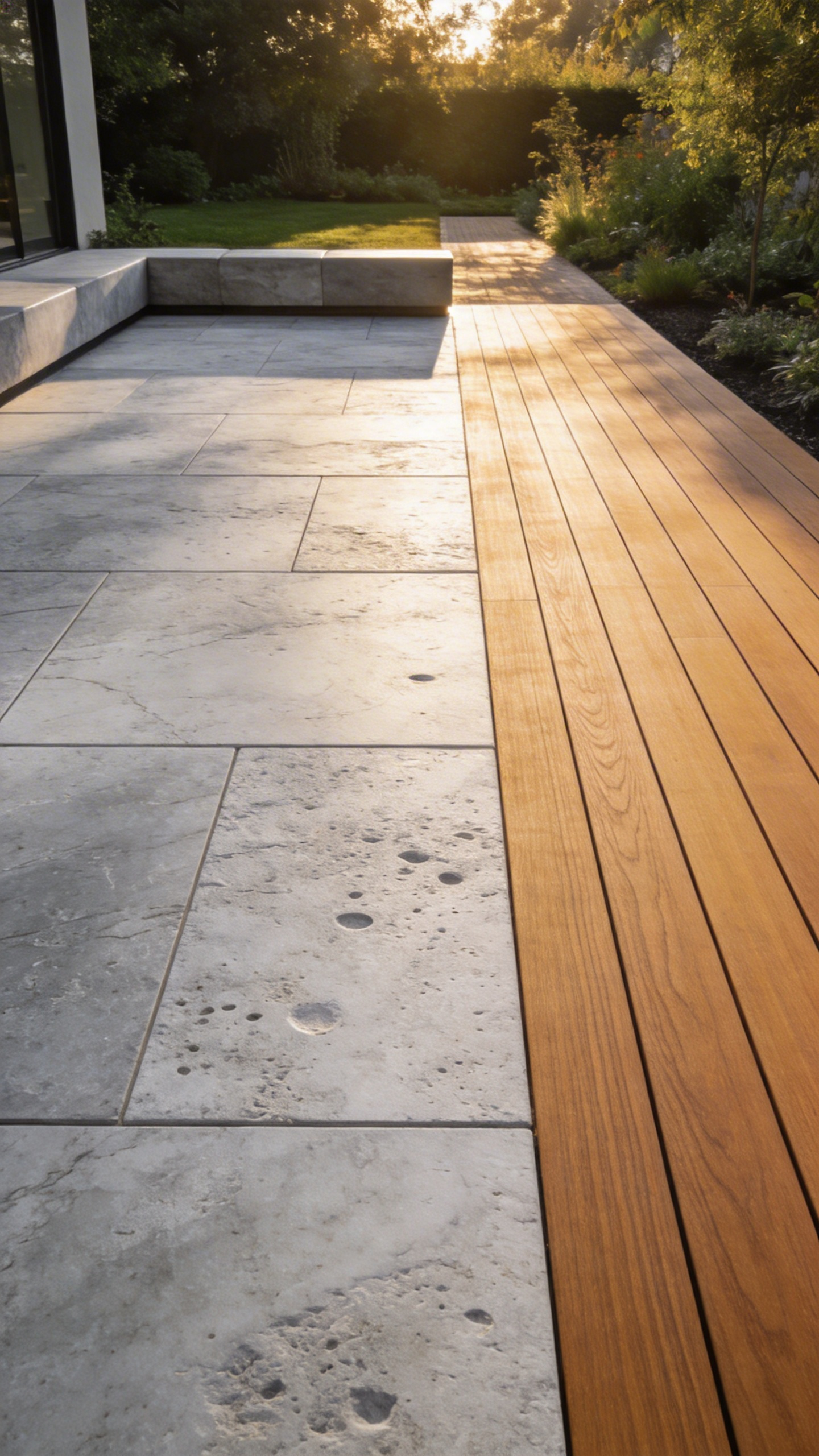 A modern outdoor patio featuring a combination of light grey travertine pavers and warm brown composite decking to create distinct functional zones.