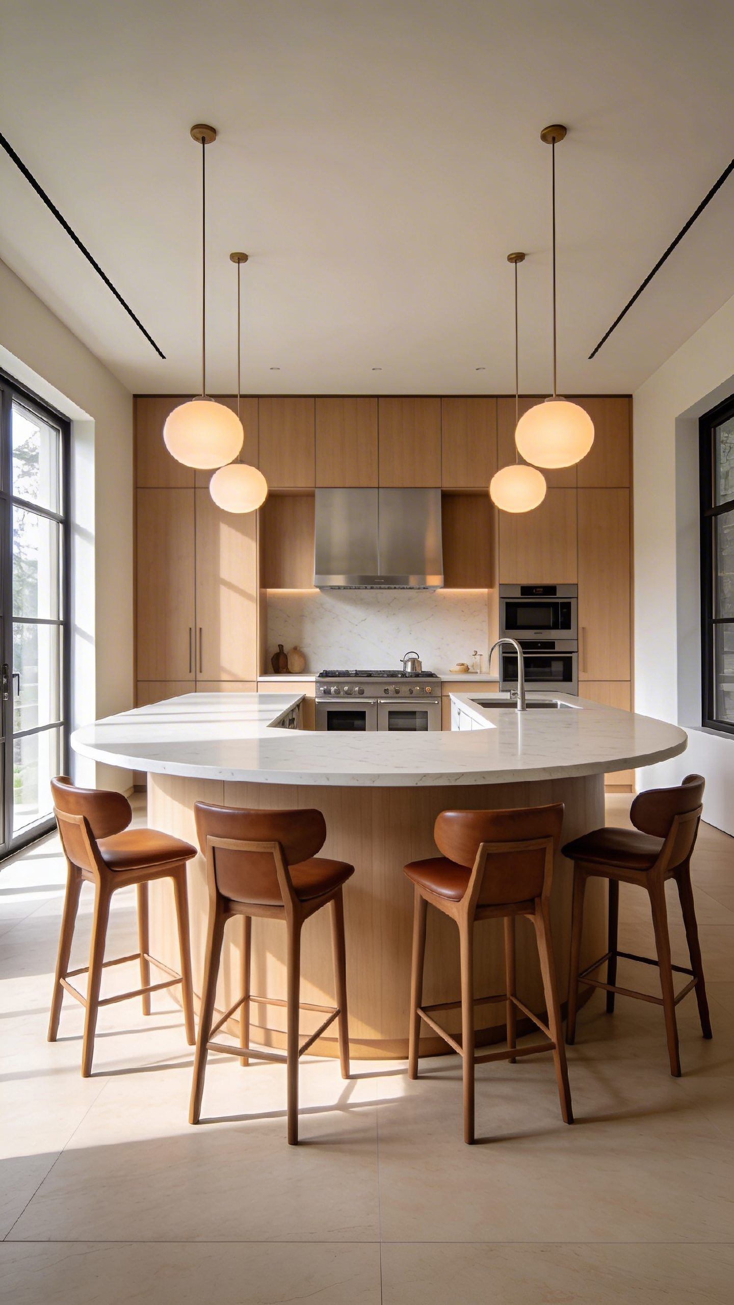 A modern open-plan kitchen featuring a large semi-circular island with four leather bar stools arranged in a curve.