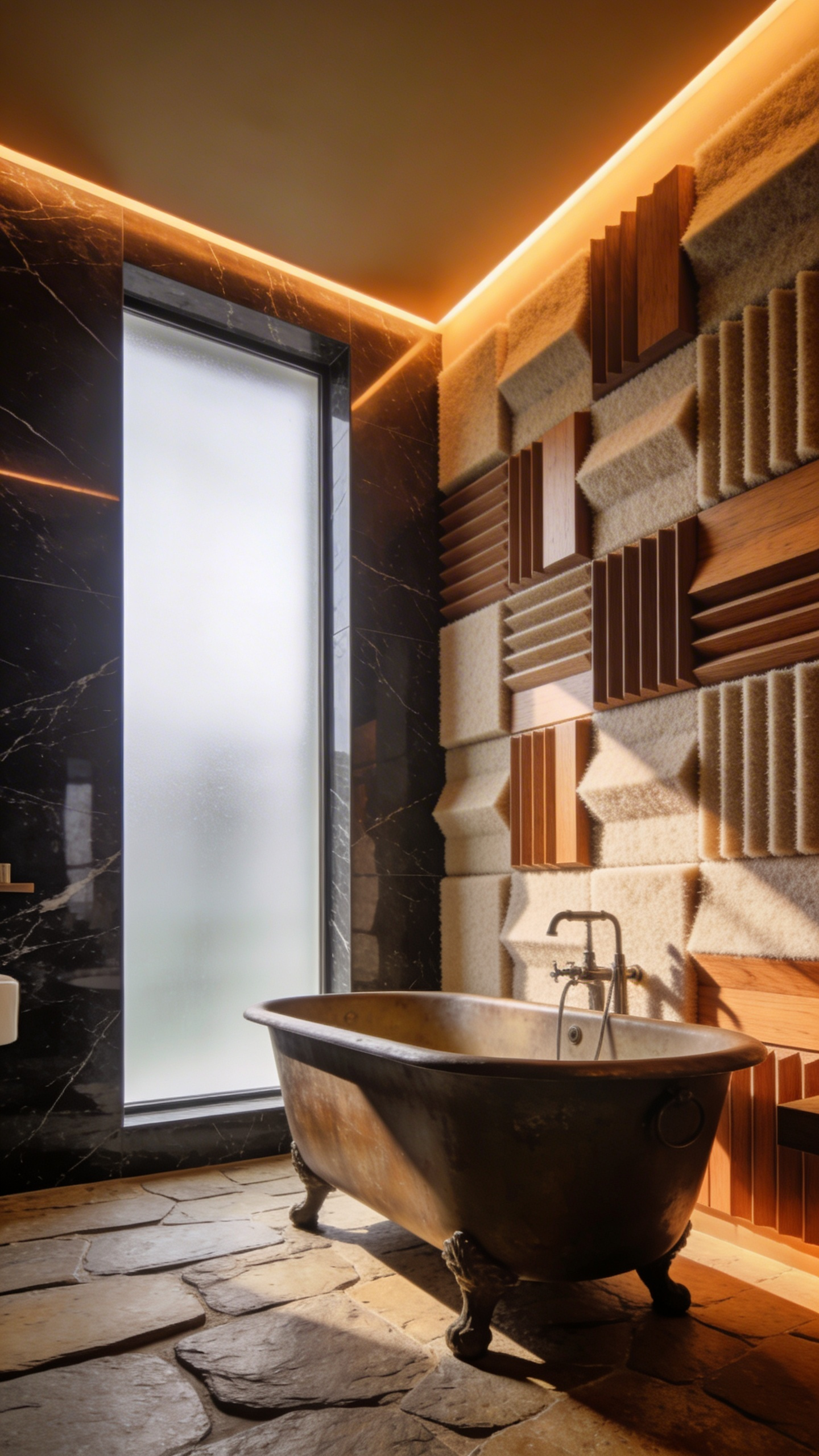 A luxury bathroom designed with sensory integration featuring a cast iron tub and acoustic wall panels.