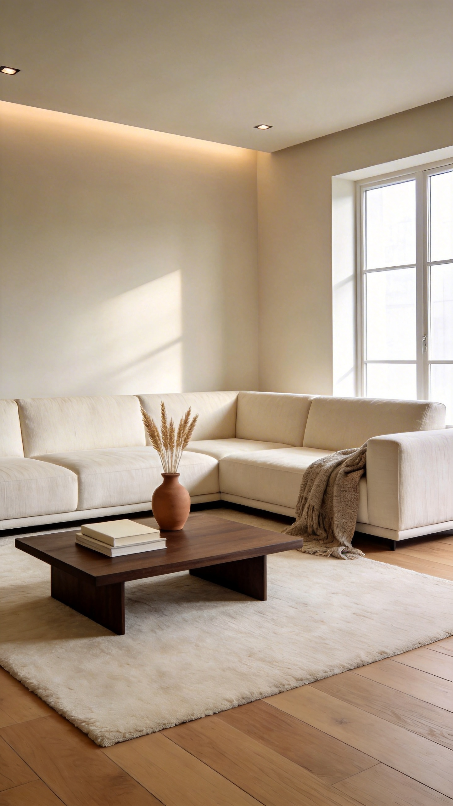 A bright, minimalist living room showcasing the 80/20 seasonal rotation rule, featuring a large cream sofa, neutral rug, and sparse decor accents including a terracotta vase with dried grasses on a wooden coffee table.