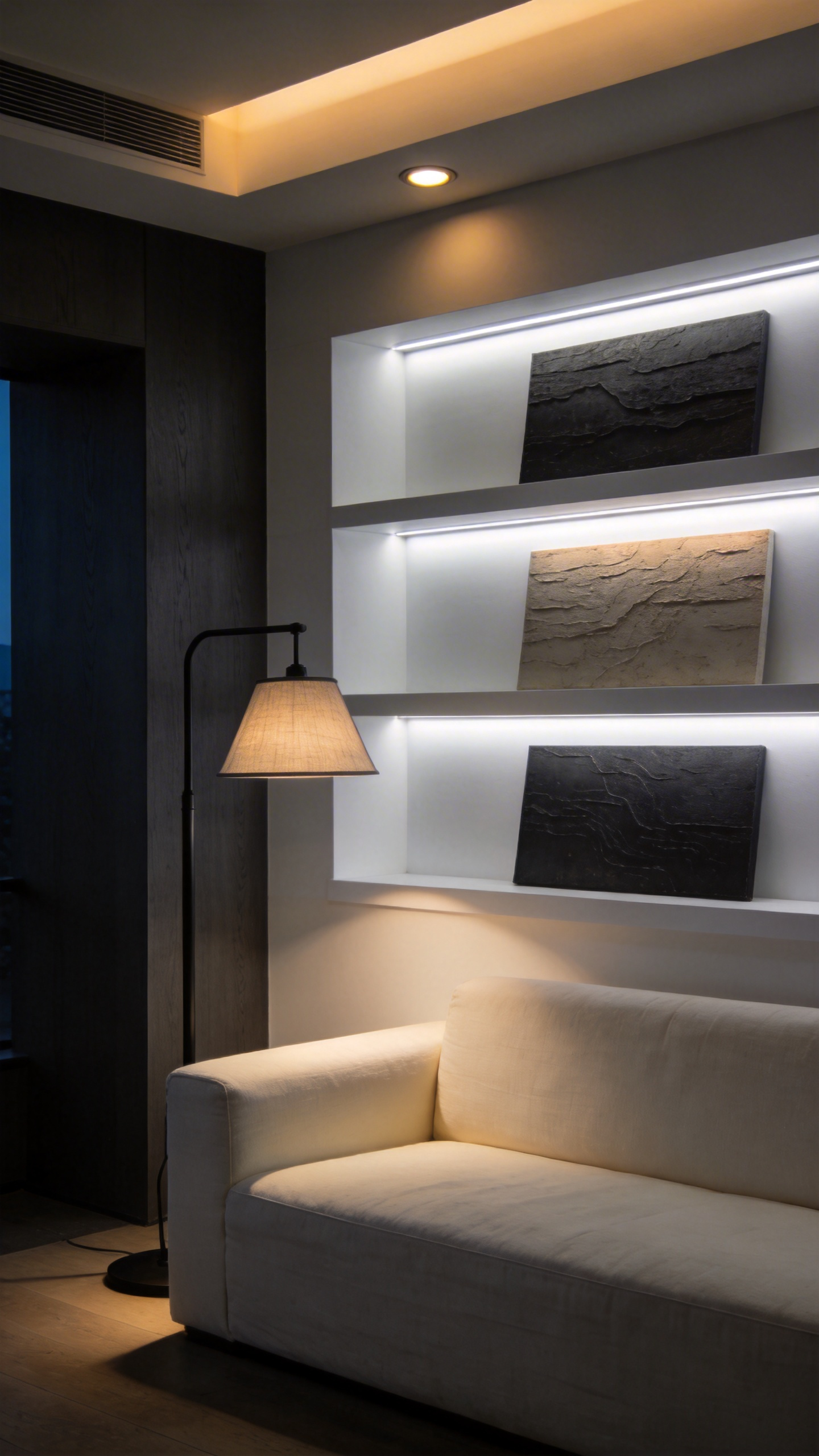 Minimalist simple living room featuring three layers of warm, dimmed lighting controlled by a smart system to create a single relaxing evening scene.