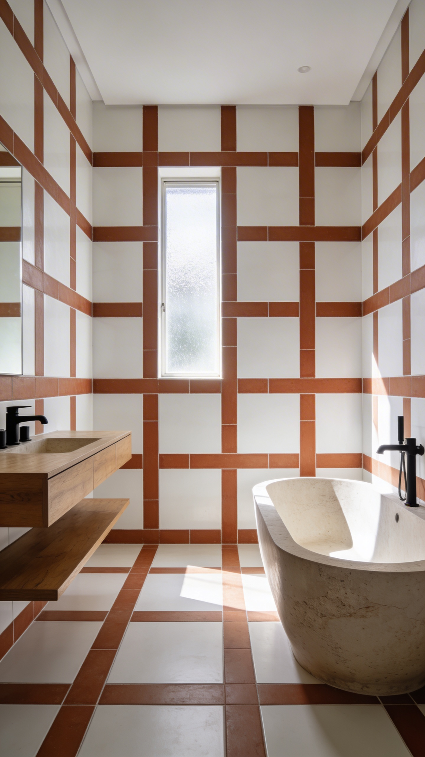 A modern bathroom featuring large white tiles with thick terracotta statement grouting that creates a bold architectural pattern.