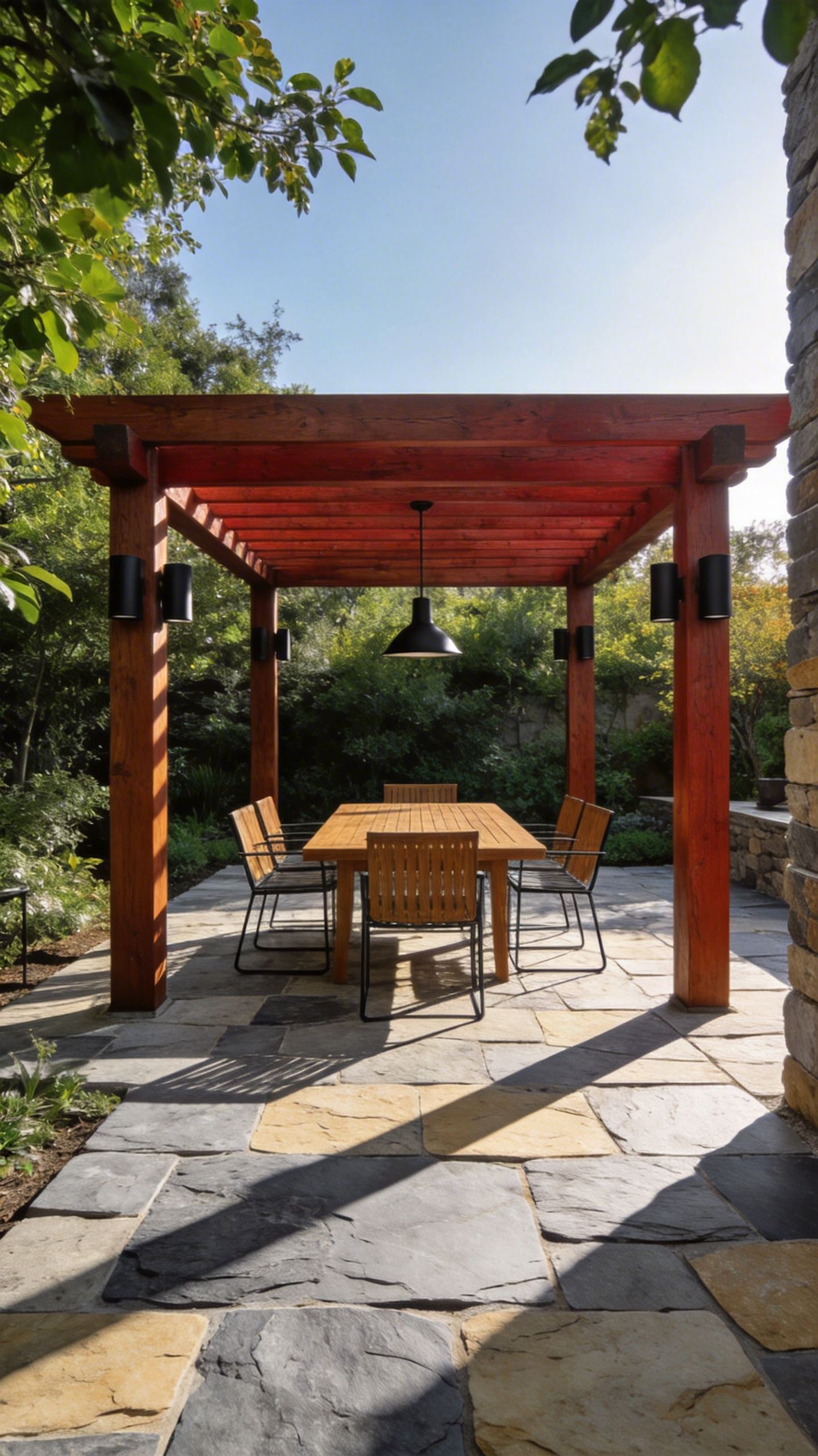 A luxury backyard patio featuring a stone floor, a wooden pergola, and black metal accents arranged in a balanced architectural design.