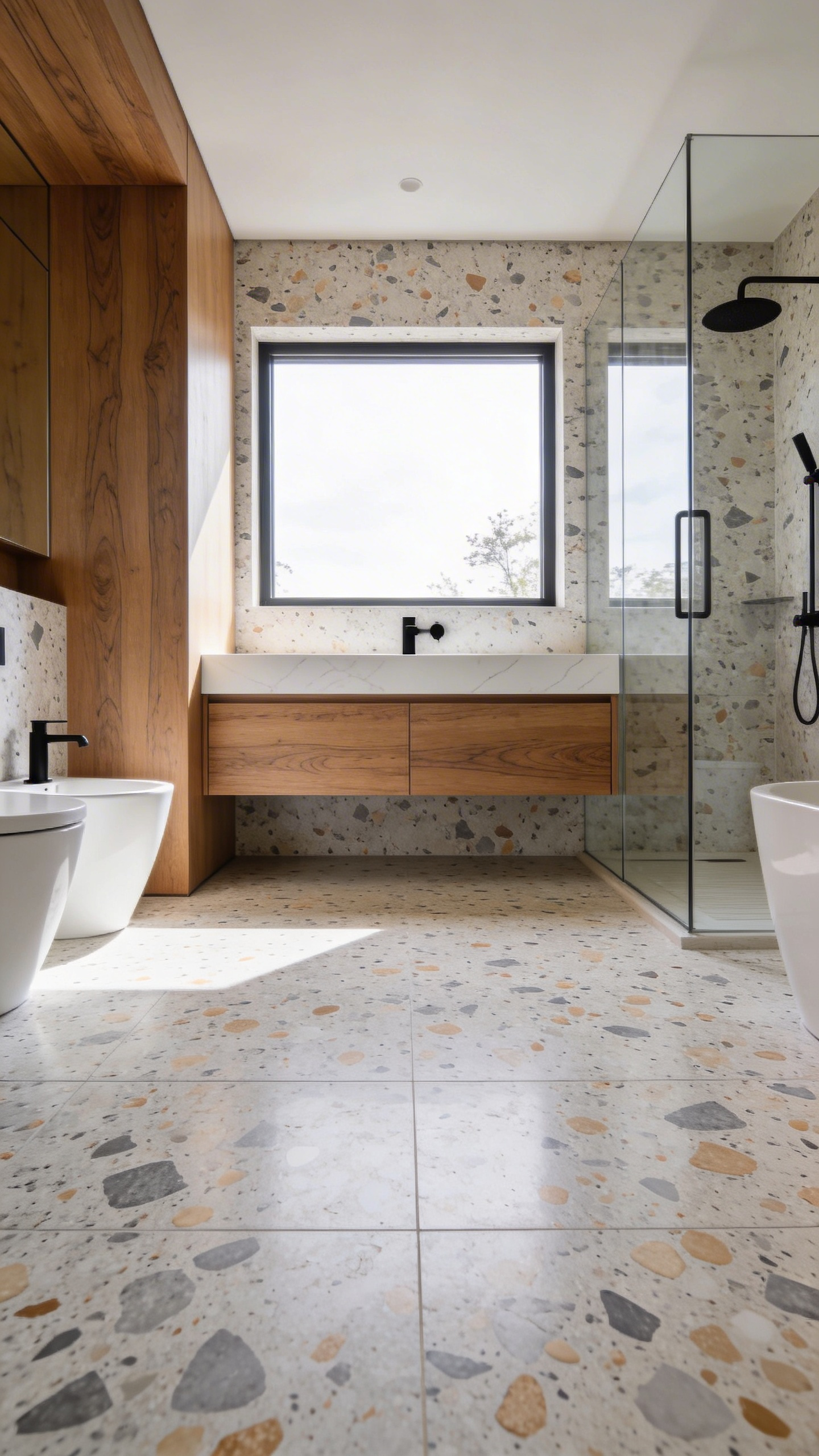 A modern bathroom showcasing terrazzo tile floors with mixed aggregate sizes and a minimalist floating oak vanity in natural light.