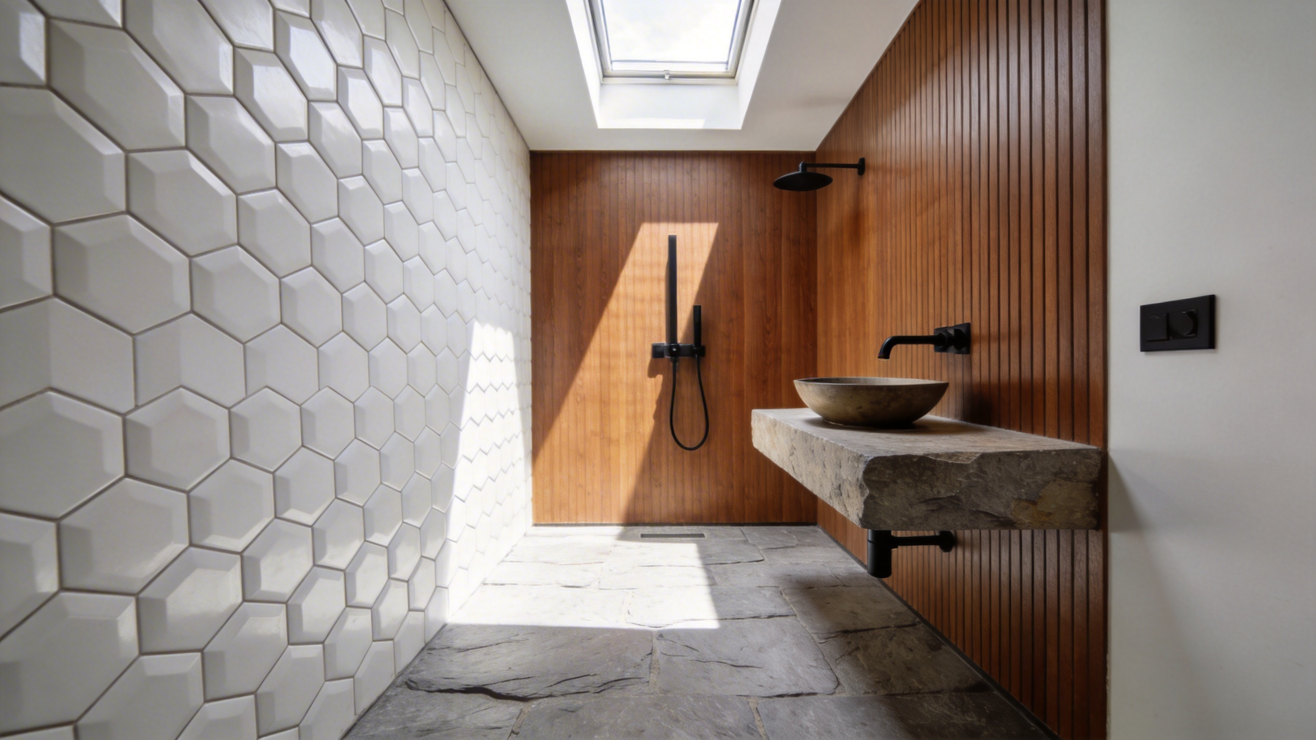 A compact bathroom featuring 3D hexagonal wall tiles and walnut wood accents to illustrate tactile decorating ideas for small spaces.