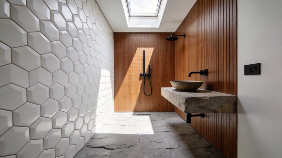 A compact bathroom featuring 3D hexagonal wall tiles and walnut wood accents to illustrate tactile decorating ideas for small spaces.