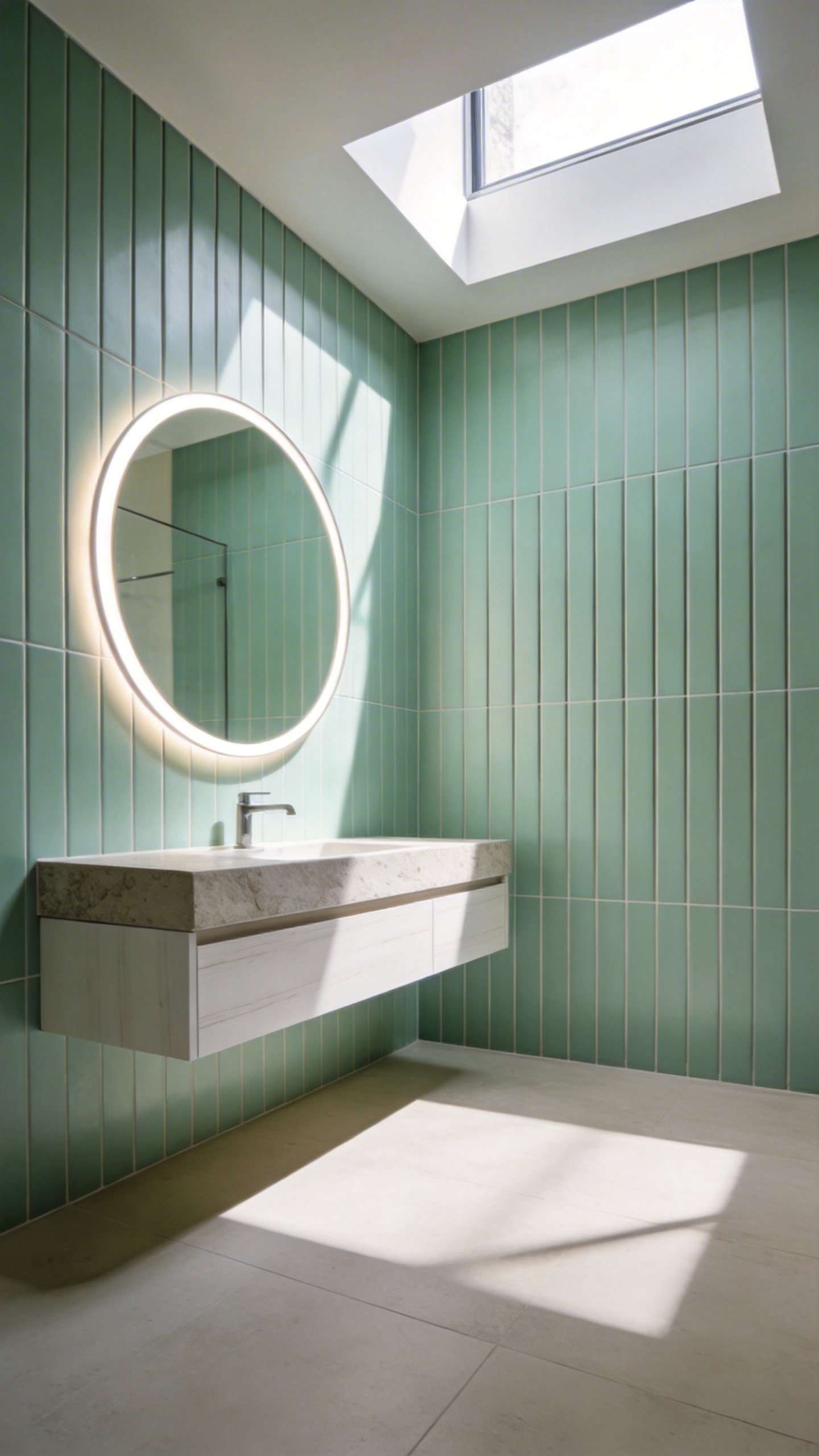 A bright modern bathroom featuring vertical stacked rectangular green tiles to create the illusion of height in a room with low ceilings.