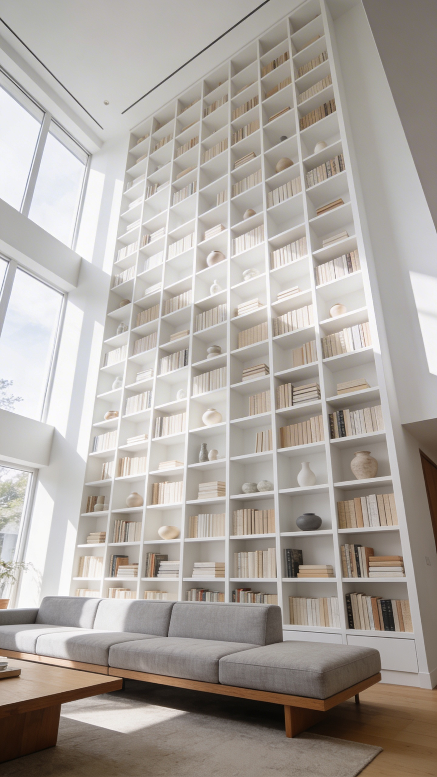 A bright, modern living room where a floor-to-ceiling white built-in bookcase dominates the wall, demonstrating how vertical design draws the eye upward to create the illusion of greater ceiling height and spaciousness.