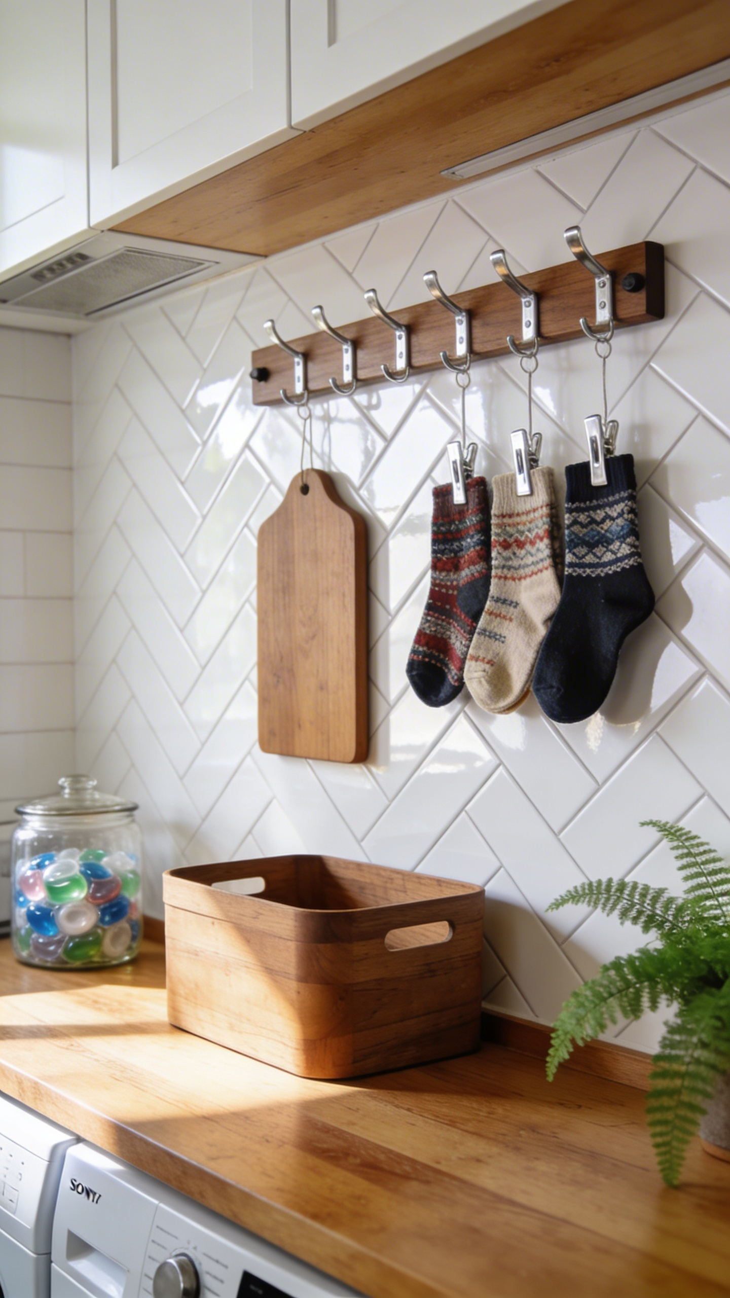 A modern laundry room with a wall-mounted wooden lint bin and a lost sock display board mounted on white herringbone tile.