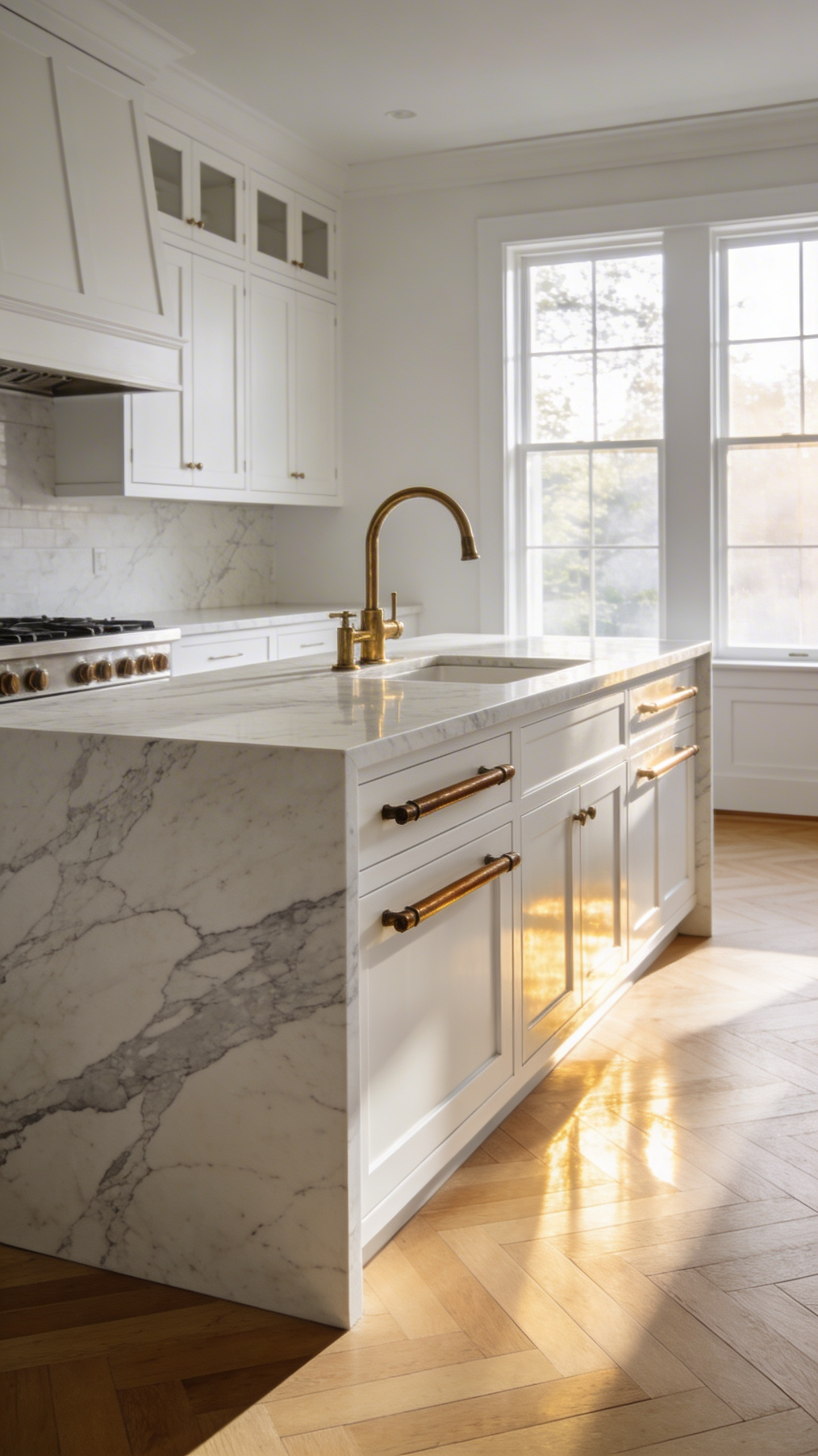 A luxurious white kitchen design showcasing the contrast between unlacquered brass hardware and cool-toned marble countertops.