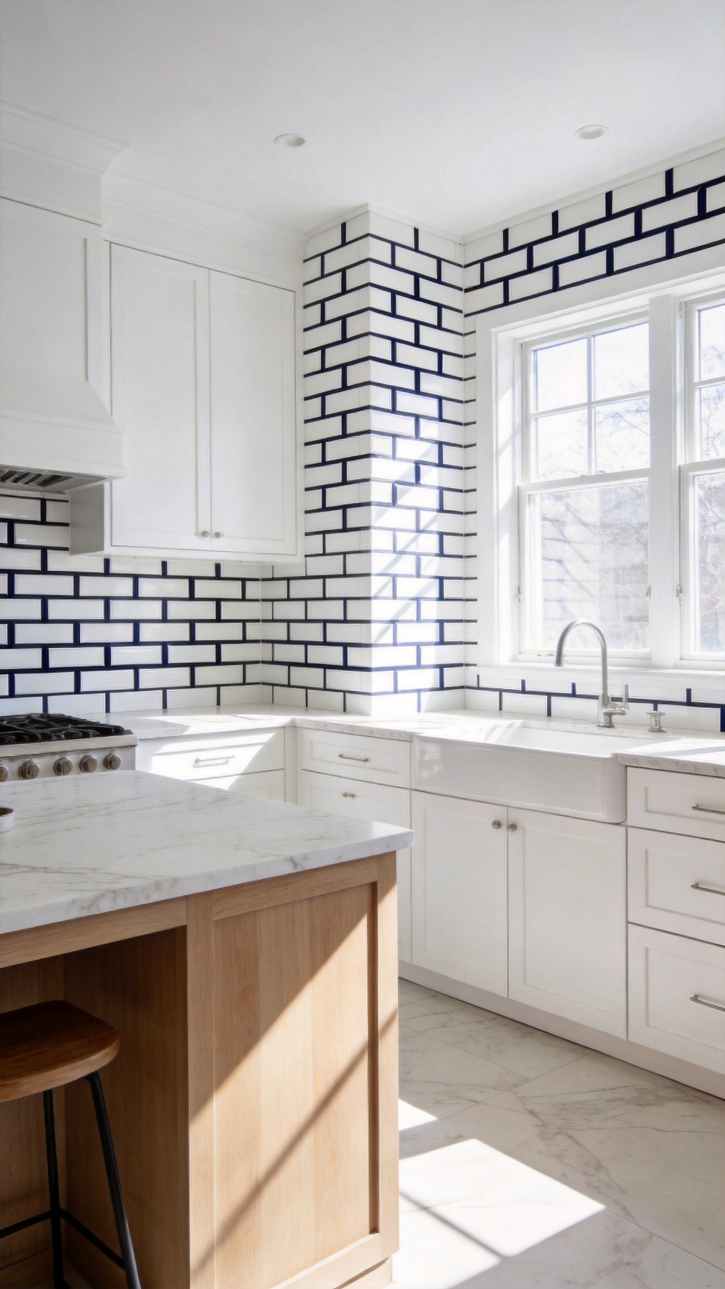 A modern white kitchen design featuring a subway tile backsplash with high-contrast dark grout to create a geometric architectural look.