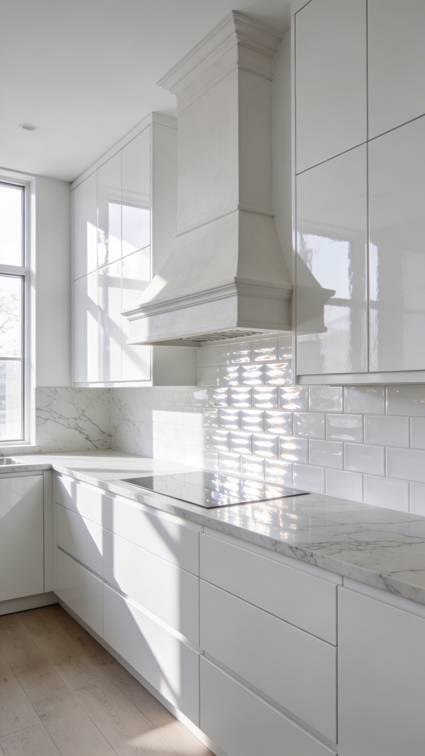 A modern white kitchen featuring a mix of high-gloss cabinetry and matte surfaces to create visual depth and dimension.