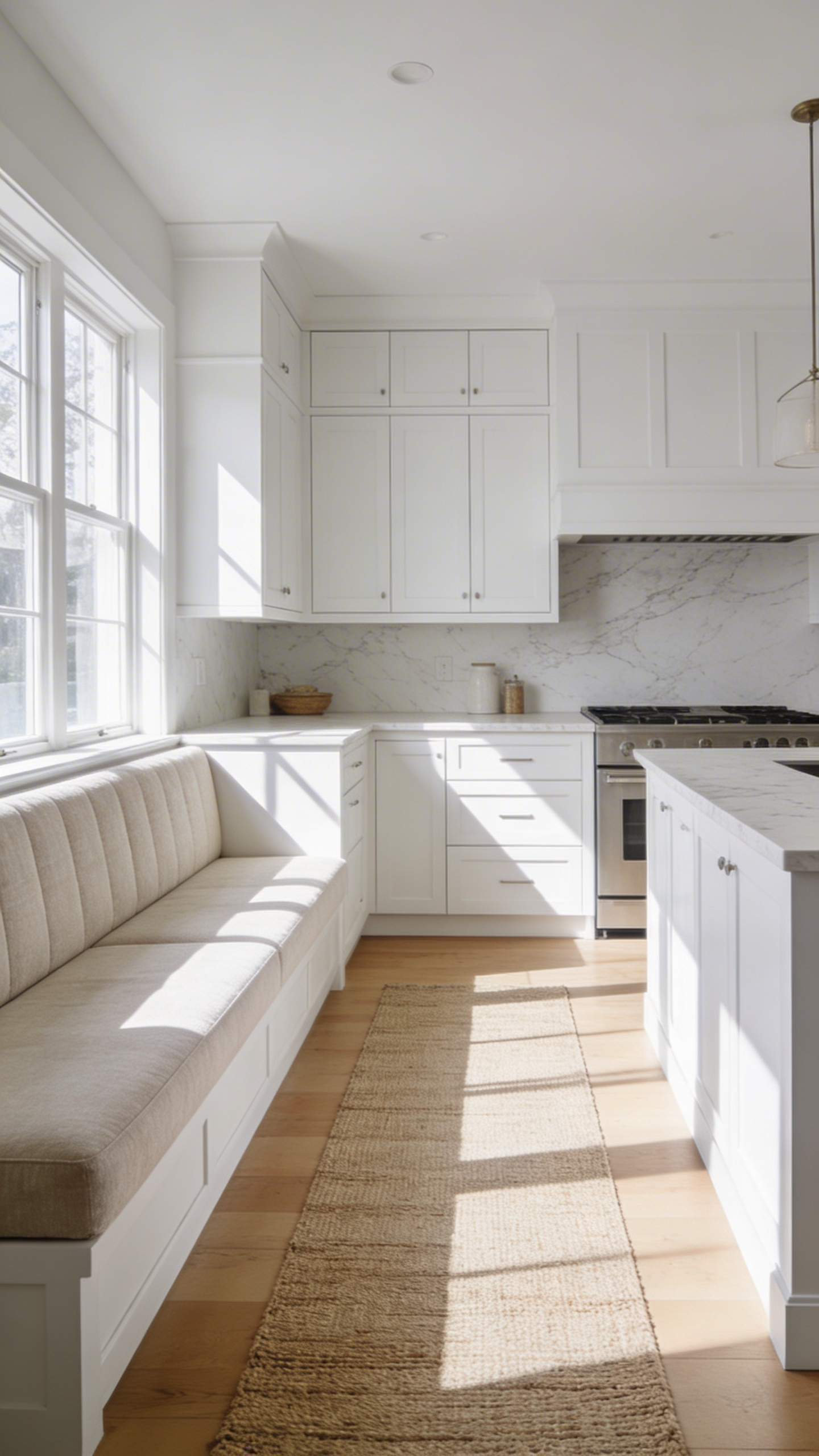 A spacious white kitchen featuring a linen banquette and a long runner to soften the hard surfaces and improve acoustics.