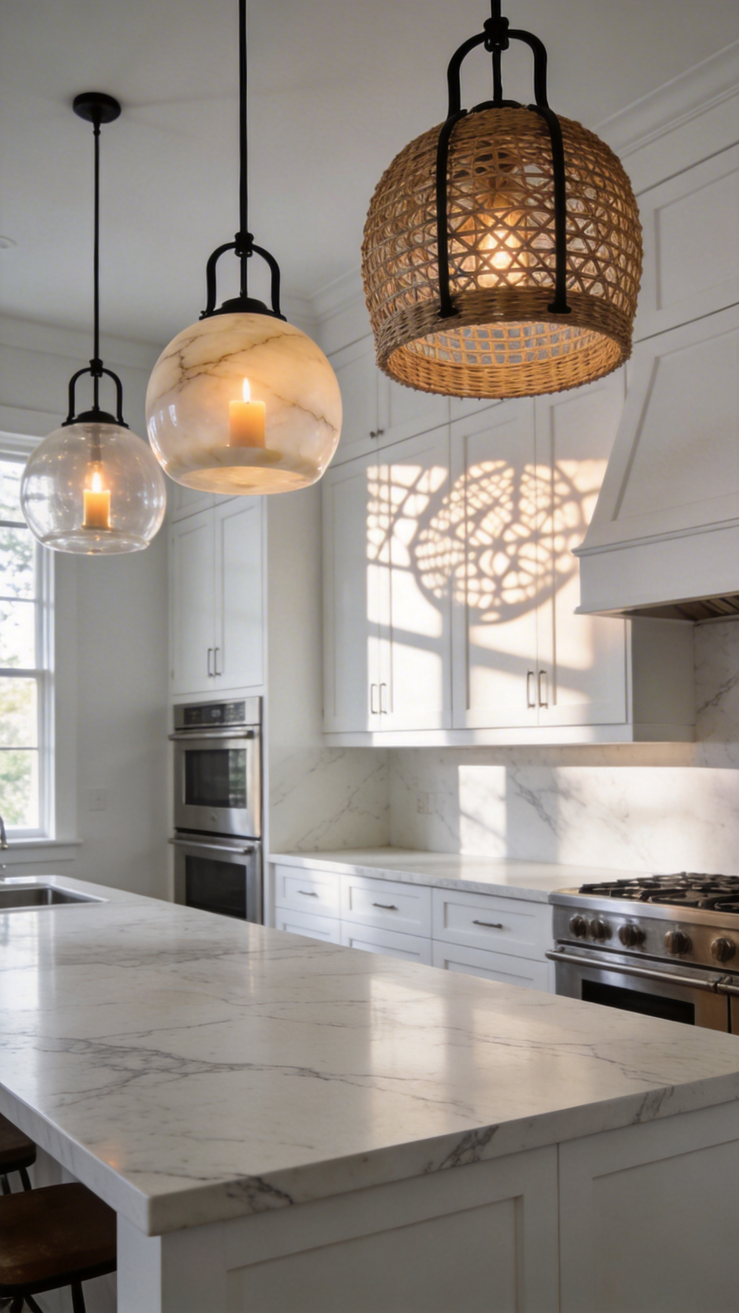 A bright white kitchen design featuring a central island illuminated by a mix of alabaster, woven rattan, and iron pendant lights.