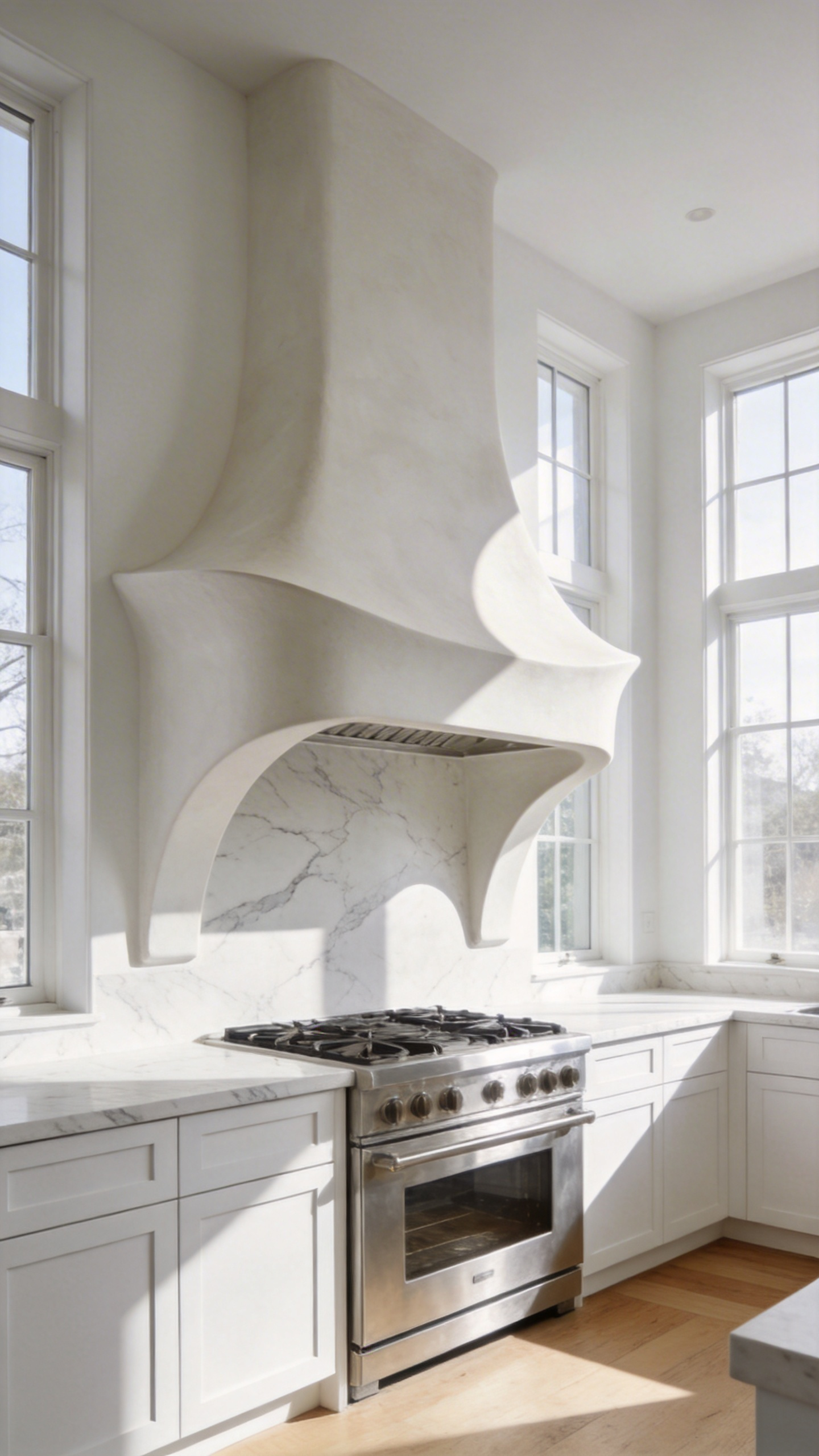 A modern white kitchen interior featuring a curved plaster range hood that serves as a sculptural focal point above a marble countertop.