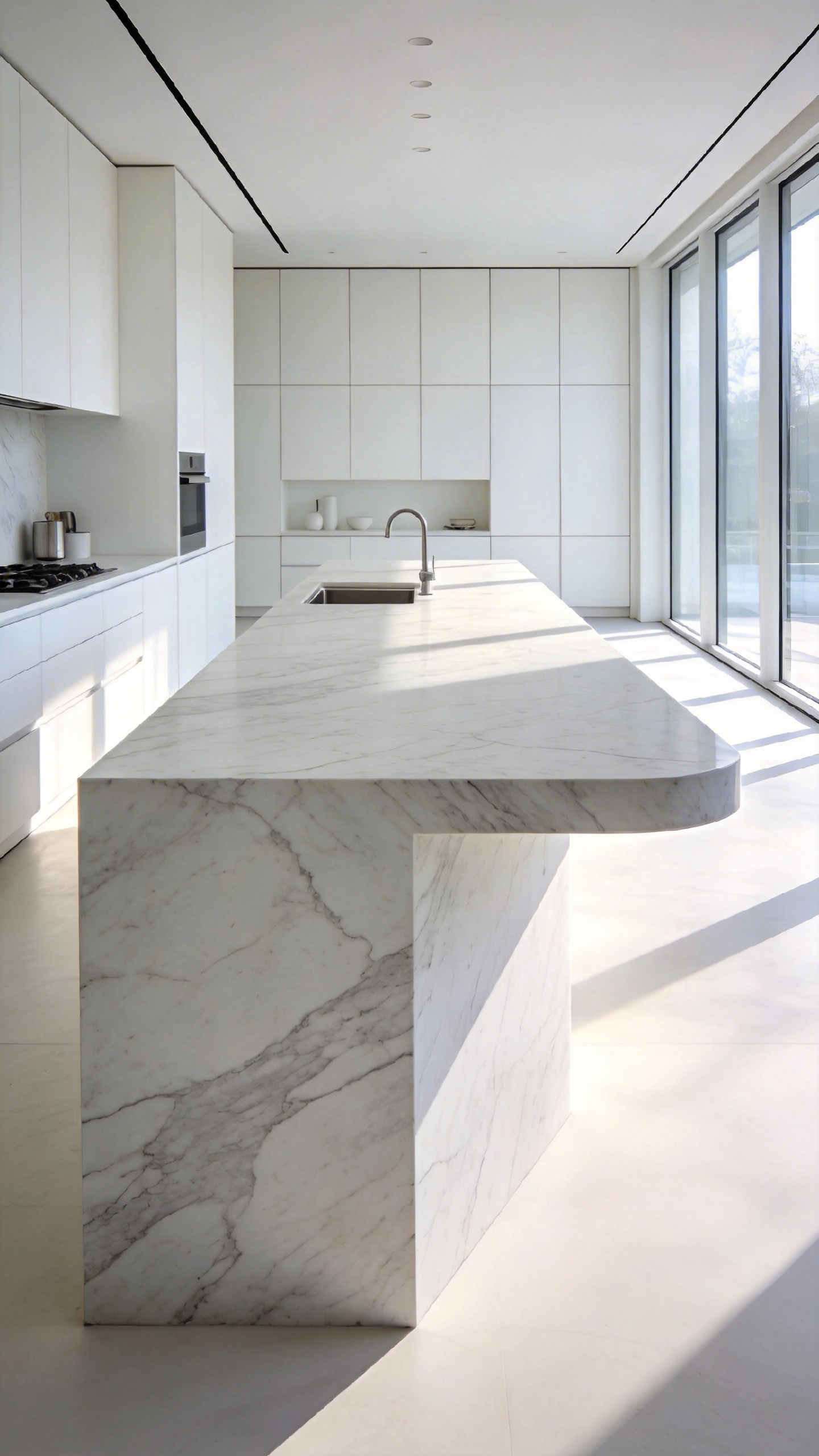 A modern all-white kitchen featuring a large marble island with a waterfall edge design that creates a monolithic sculptural appearance.