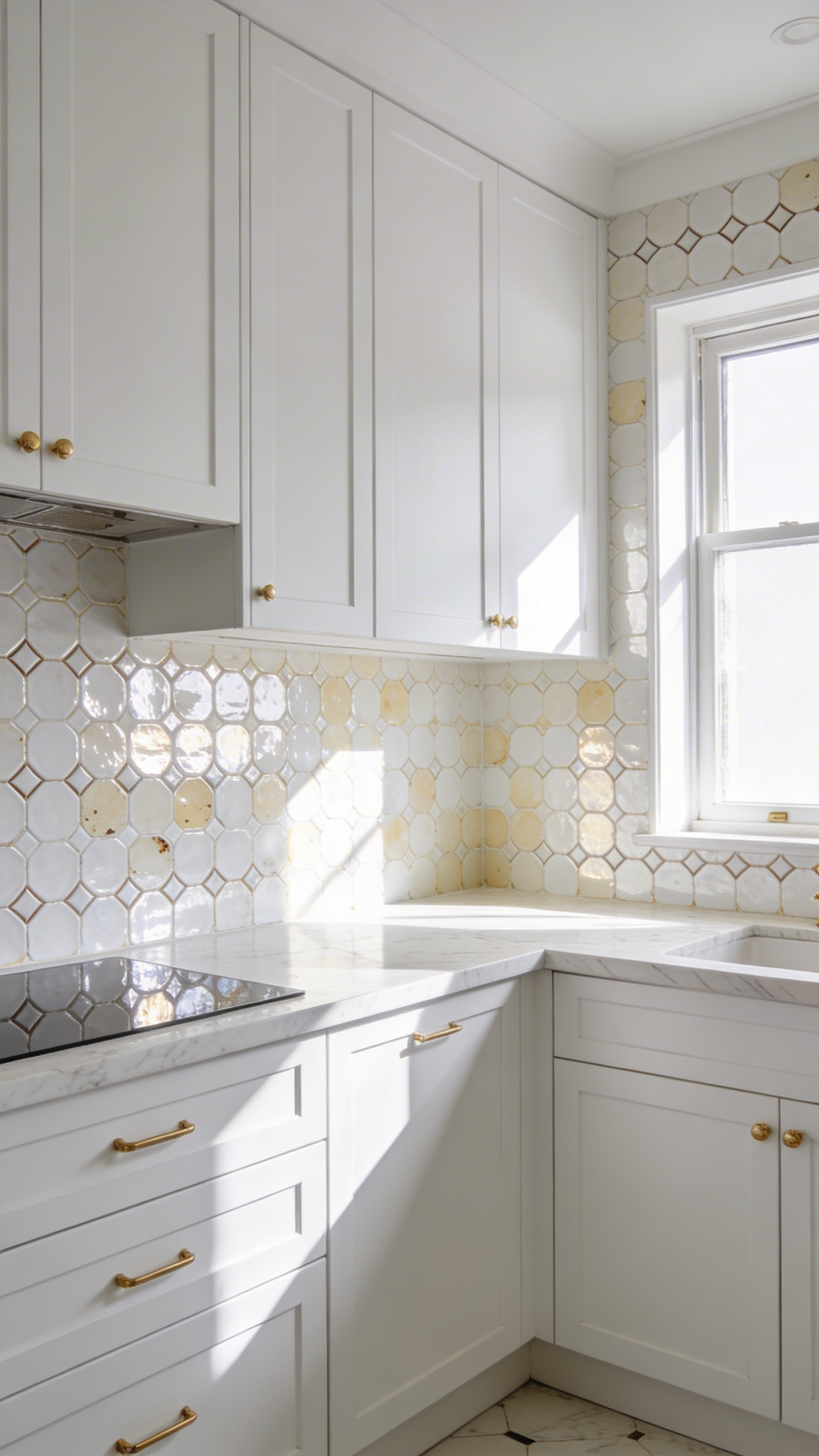 High-end white kitchen design showcasing a shimmering hand-glazed Zellige tile backsplash and white marble countertops.