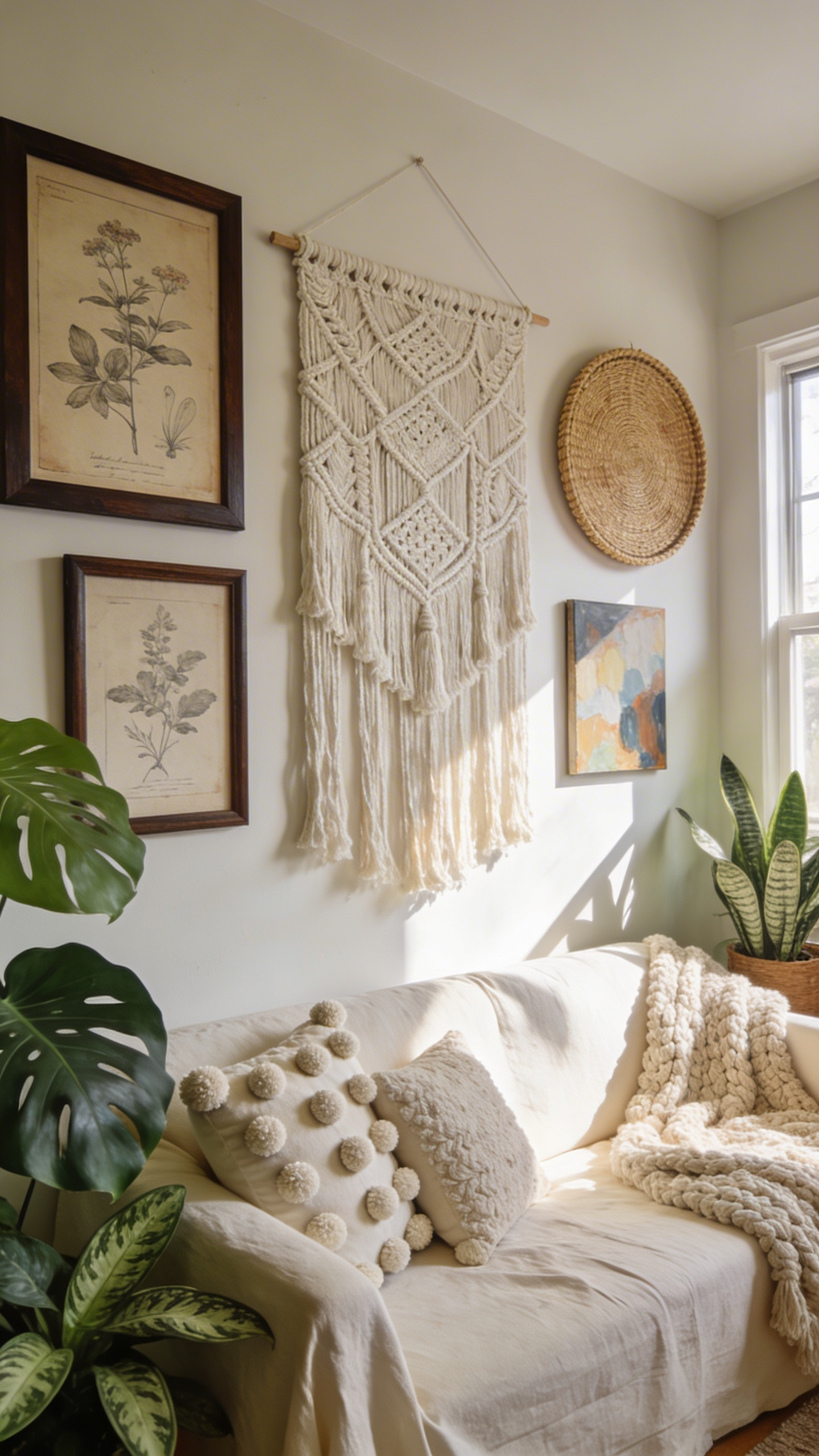 A bright bohemian living room featuring an asymmetrical gallery wall with a macramé hanging, framed art, and woven baskets above a white sofa.